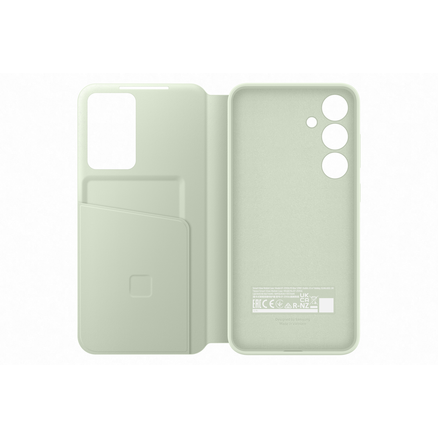 Une coque de téléphone vert clair avec une fente pour carte et des découpes pour l'appareil photo.