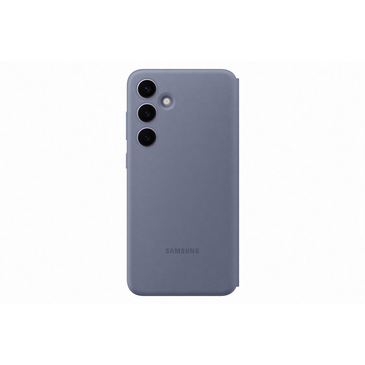 Coque de téléphone bleue avec trois lentilles et flash. Logo Samsung en bas.