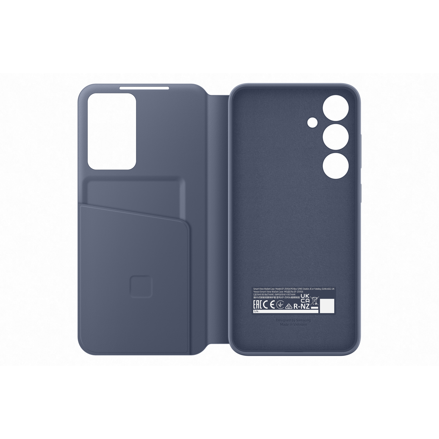 Étui de téléphone bleu ouvert, montrant fente pour carte et dos.