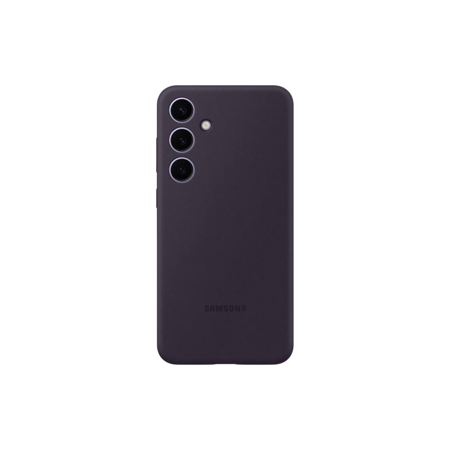 Paarse telefoonhoes met drie cameralenzen en het woord SAMSUNG. Zwarte achtergrond.