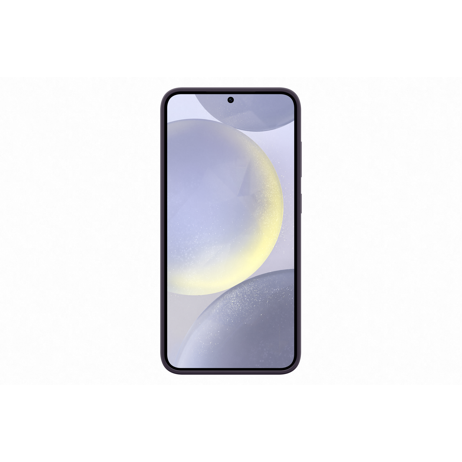 Een zwarte smartphone met een lichtpaarse en gele achtergrond op het scherm.