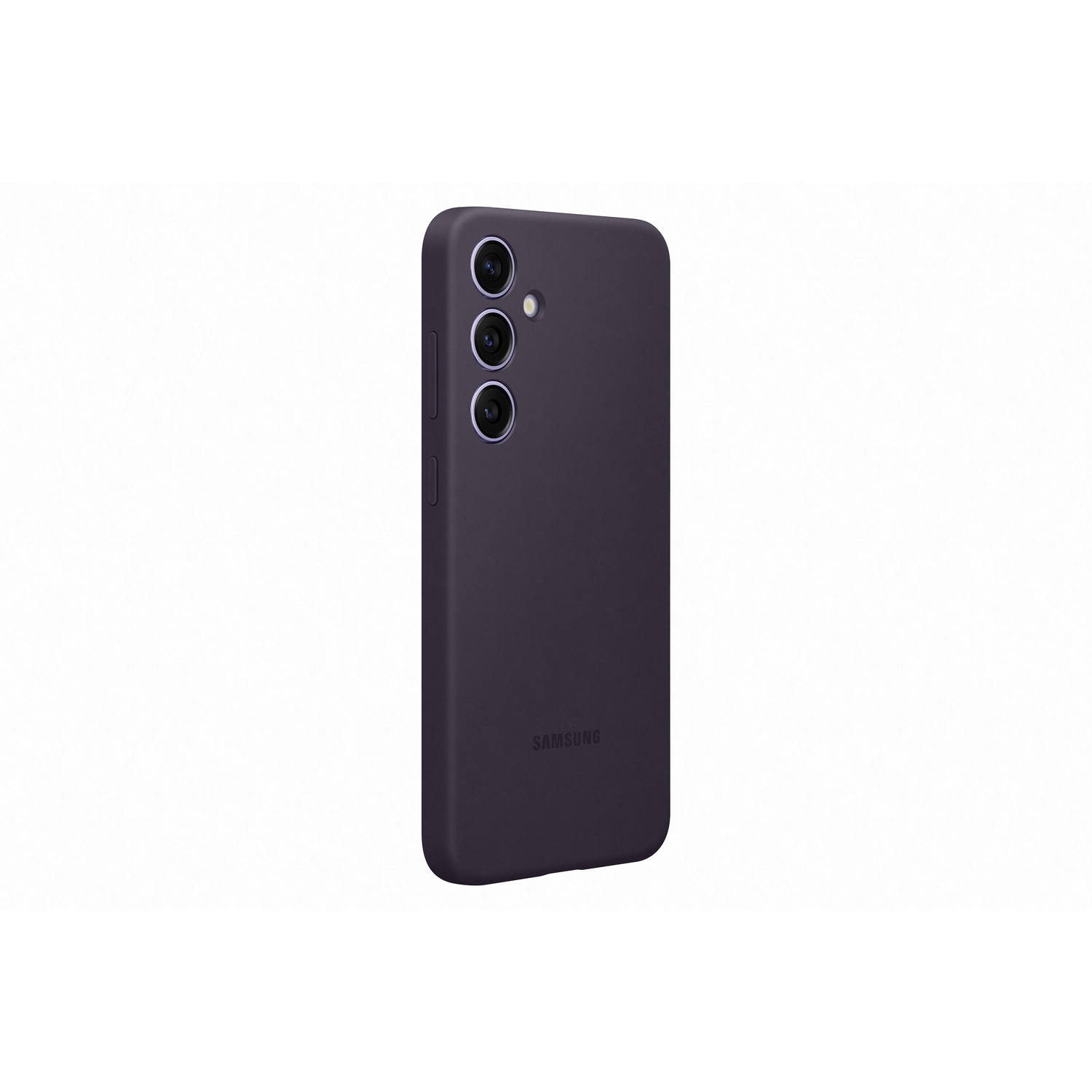 Een donkerpaarse smartphonehoes op een witte achtergrond. De hoes heeft een uitsparing voor de camera en het Samsung-logo.