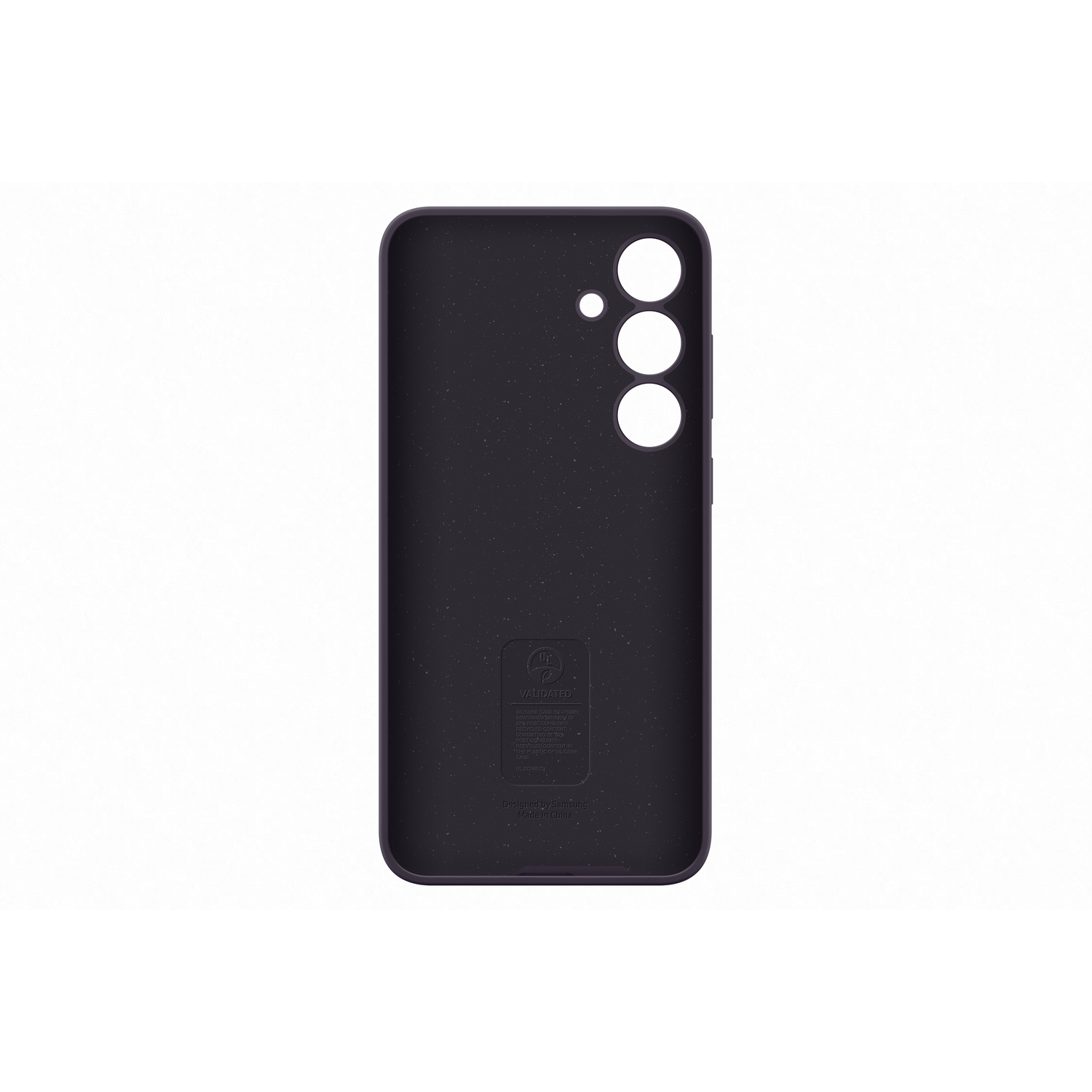 Binnenkant van een paarse telefoonhoes met drie cameragaten en een logo.