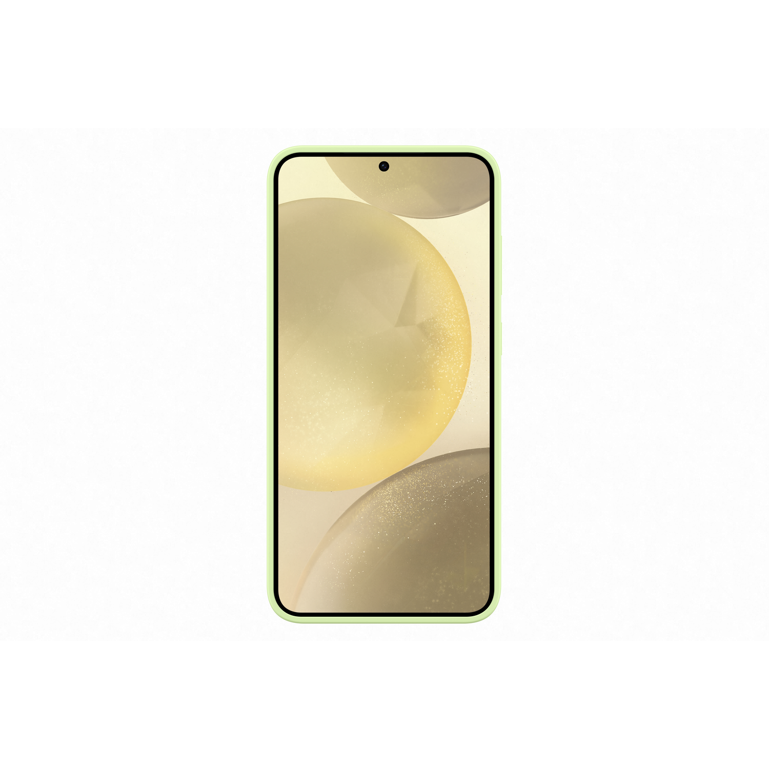 Een groene smartphone met een scherm dat abstracte gele en gouden vormen weergeeft.