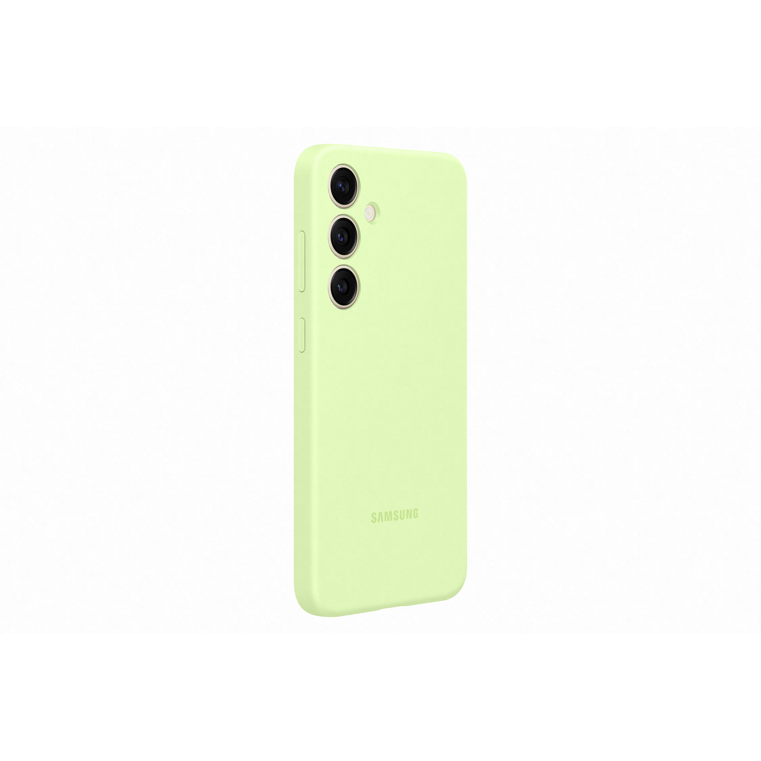 Limoengroene telefoonhoes met drievoudige camera. Samsung-logo onderaan.