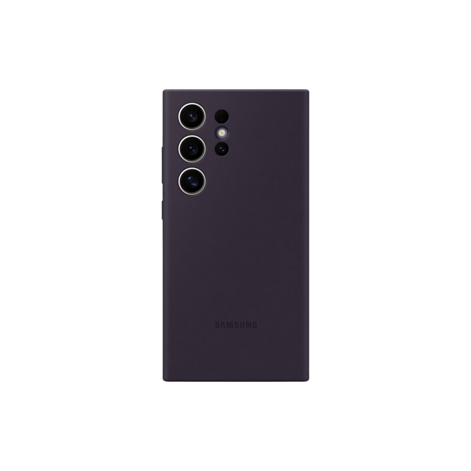 Une coque de téléphone violette, vue arrière, avec trois objectifs et un flash, logo Samsung en bas.