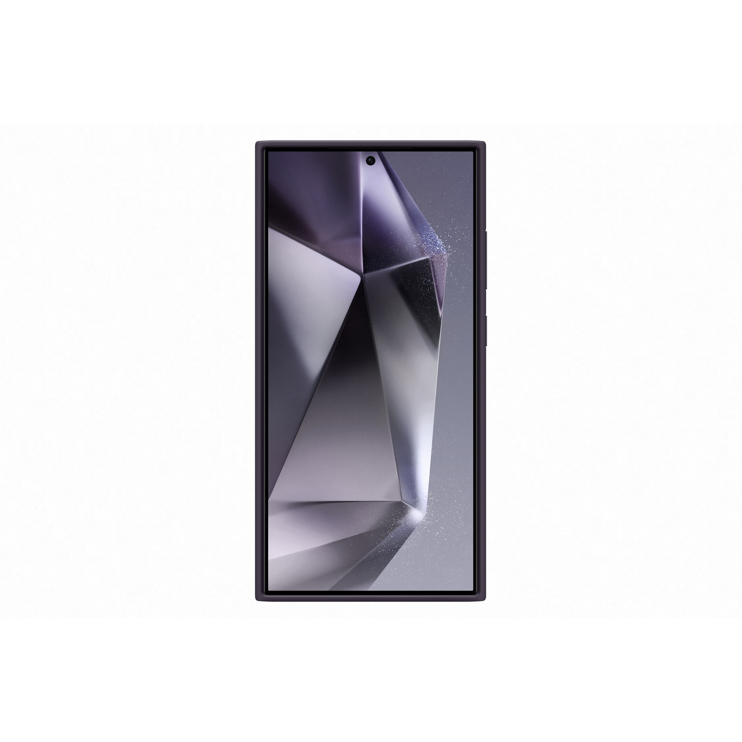 Un smartphone noir avec un écran affichant un design abstrait. Le téléphone est sur fond blanc.