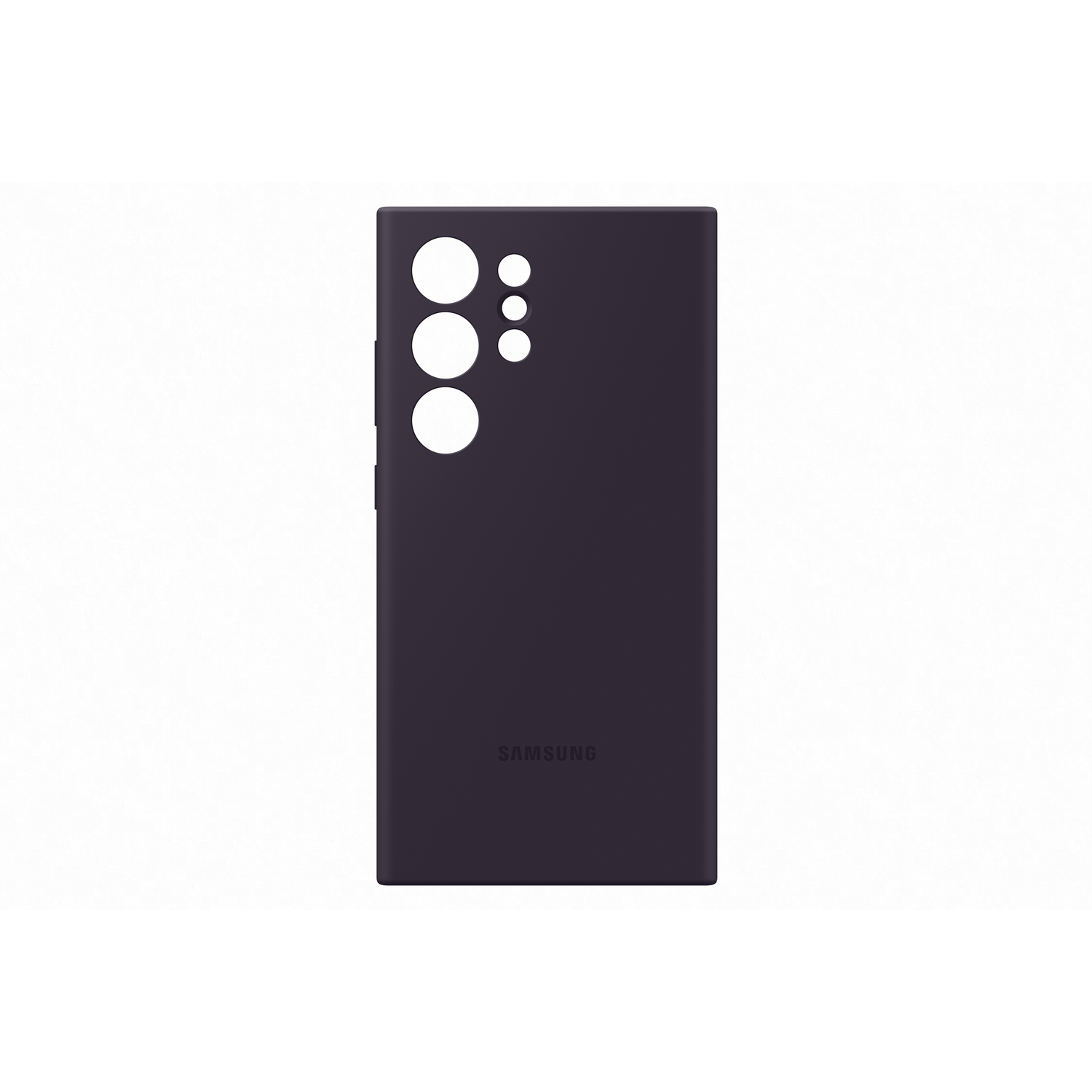 Coque de téléphone violette sur fond blanc. Trois trous de caméra et le logo Samsung.