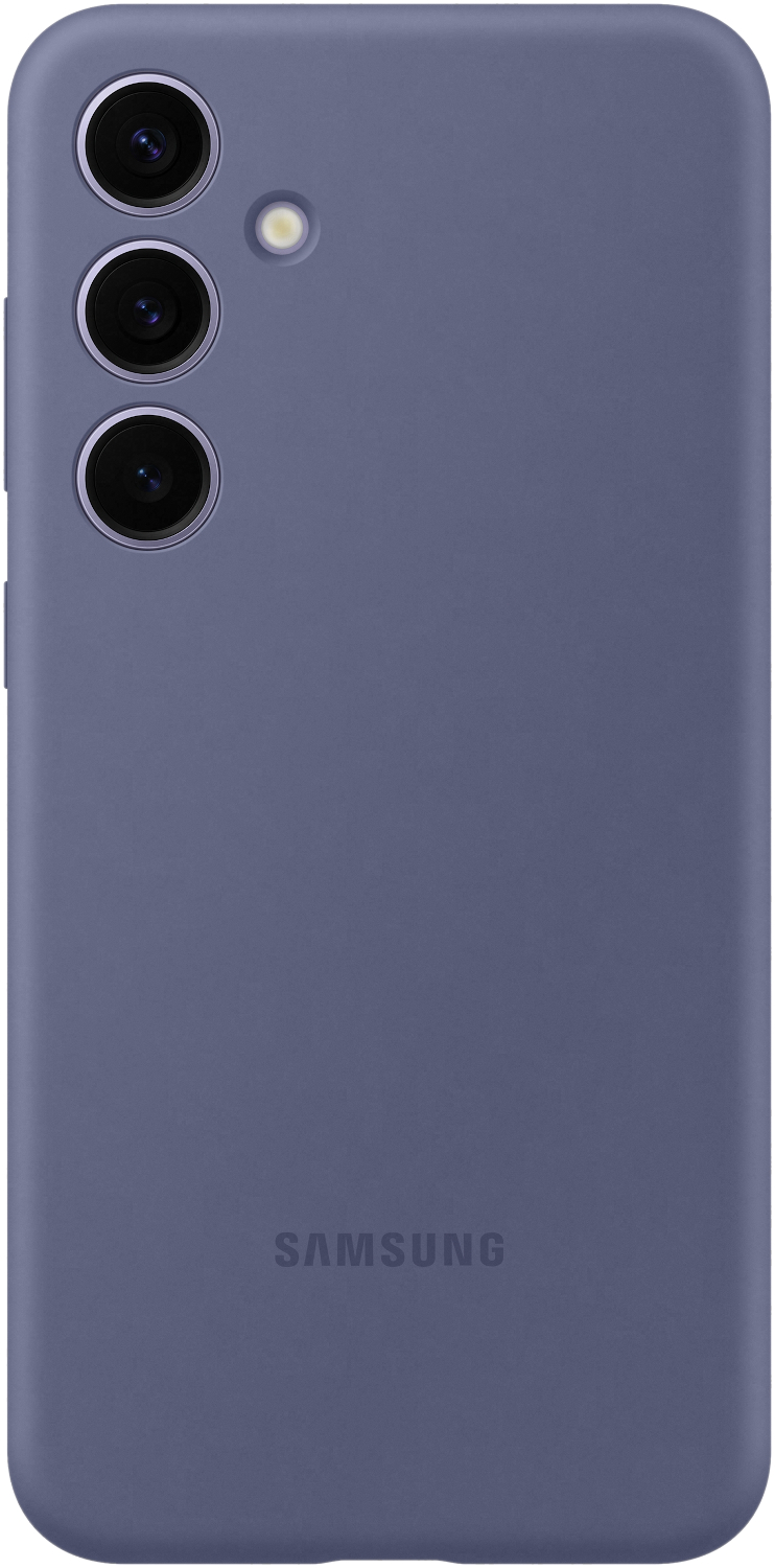Een paarse Samsung telefoonhoes met drie cameralenzen.