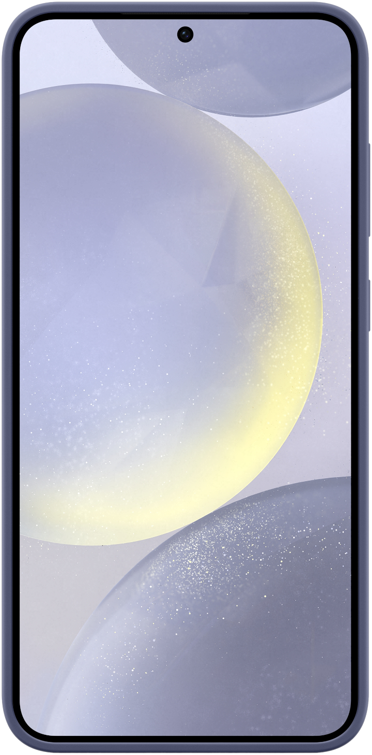 Telefoon met lavendel display, vage vormen op het scherm.