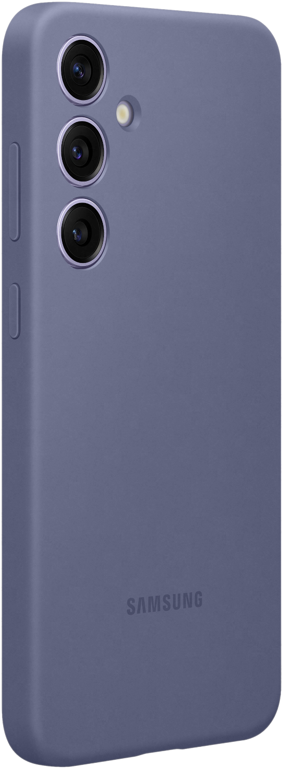 Paarse telefoonhoes, achteraanzicht, met camera-uitsparingen. Witte achtergrond.