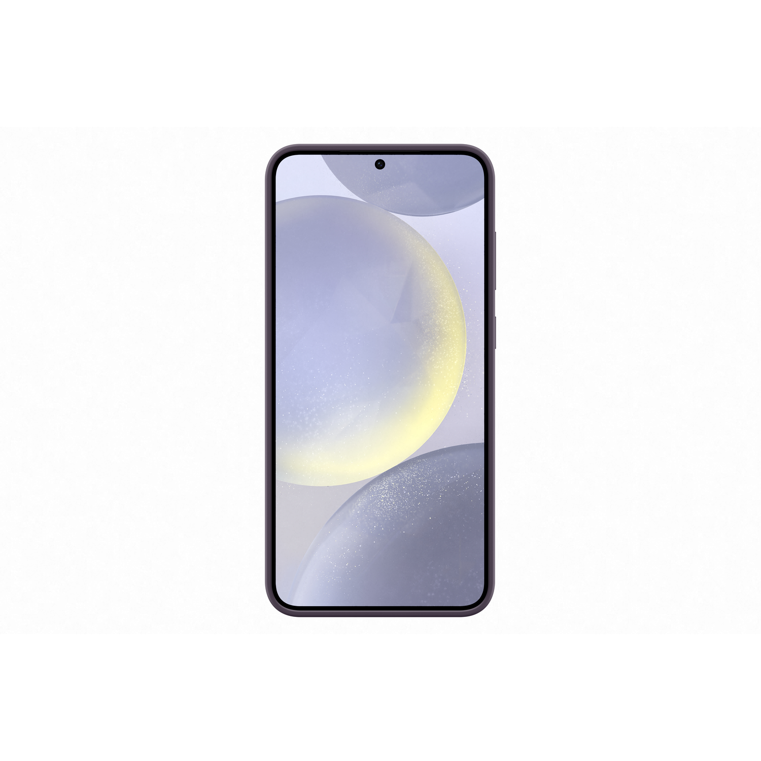 A phone with a screen showing a purple and yellow background on a white surface.