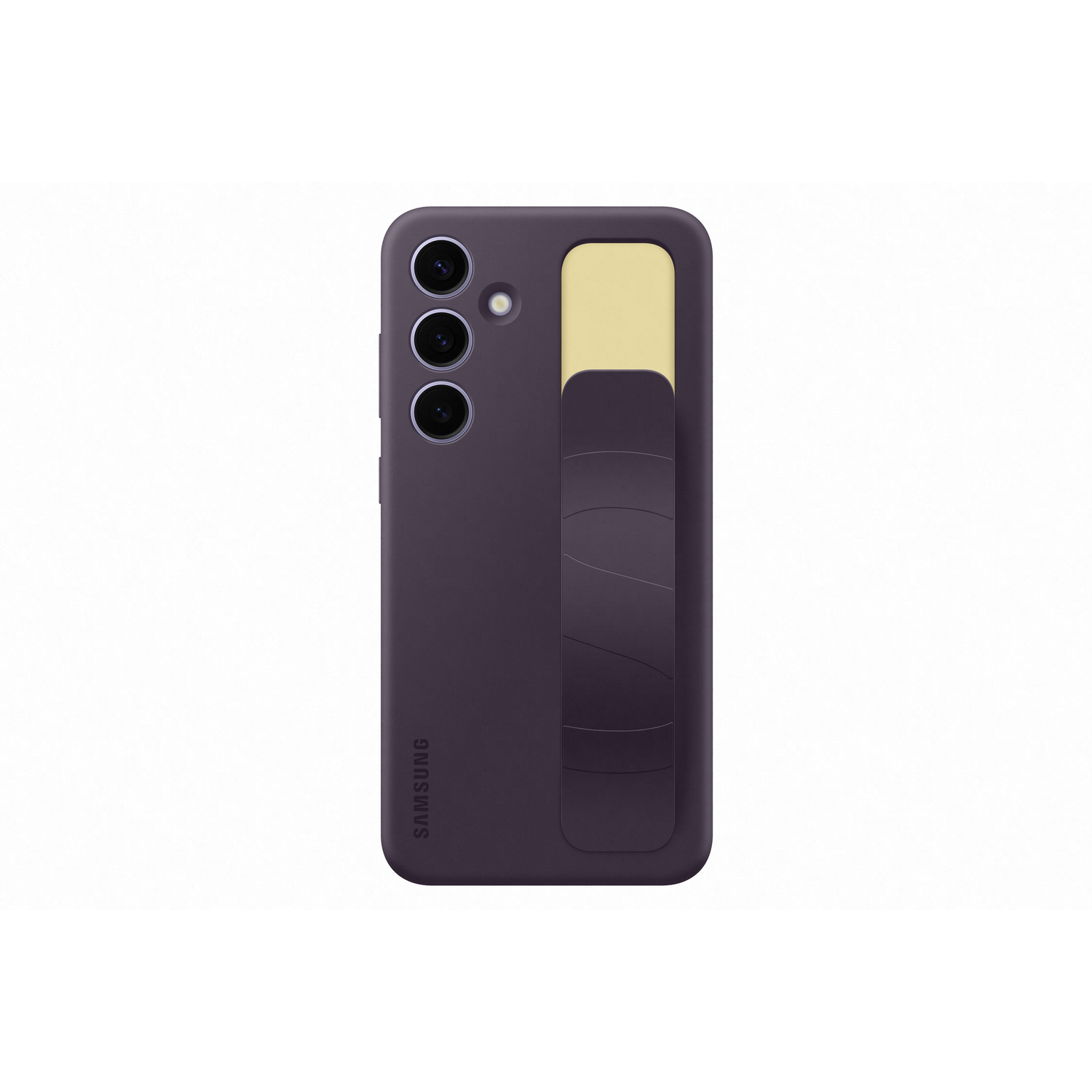 A purple phone case with a hand grip and three camera holes.