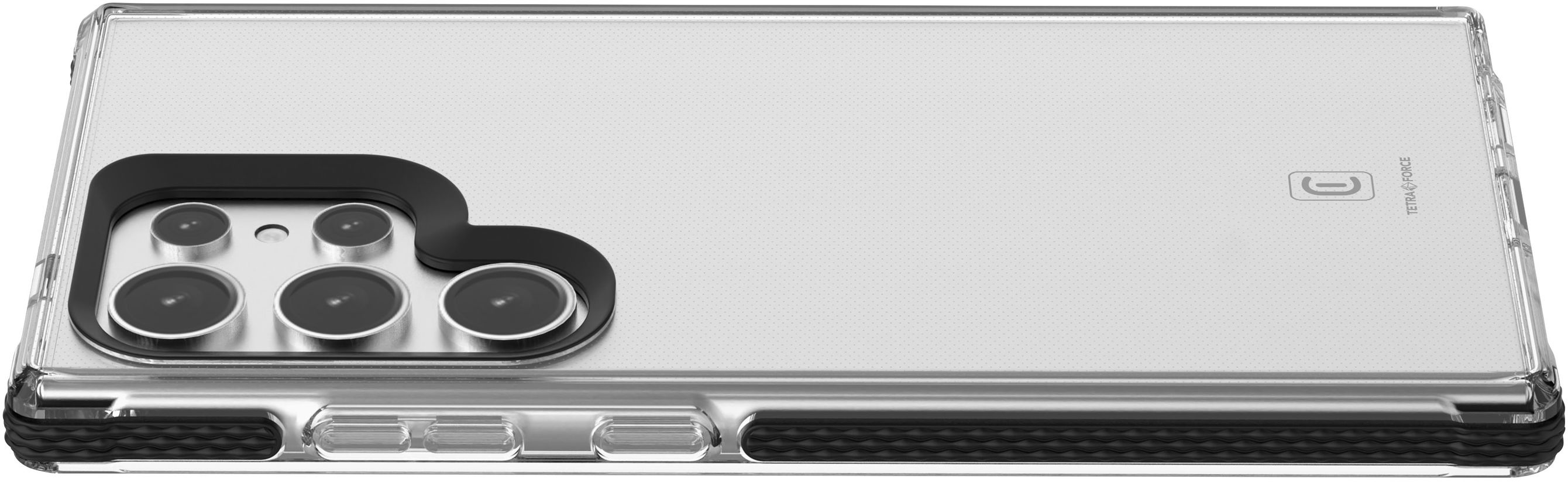 Gros plan de l'arrière d'un smartphone avec plusieurs objectifs et un étui transparent.