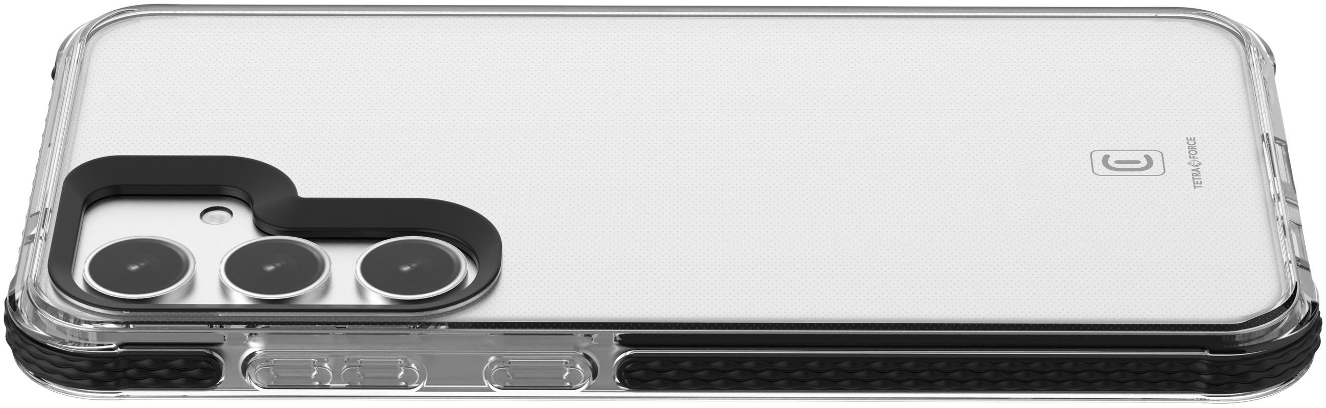Une coque de téléphone avec un dos transparent et un cadre noir, sur une surface blanche.