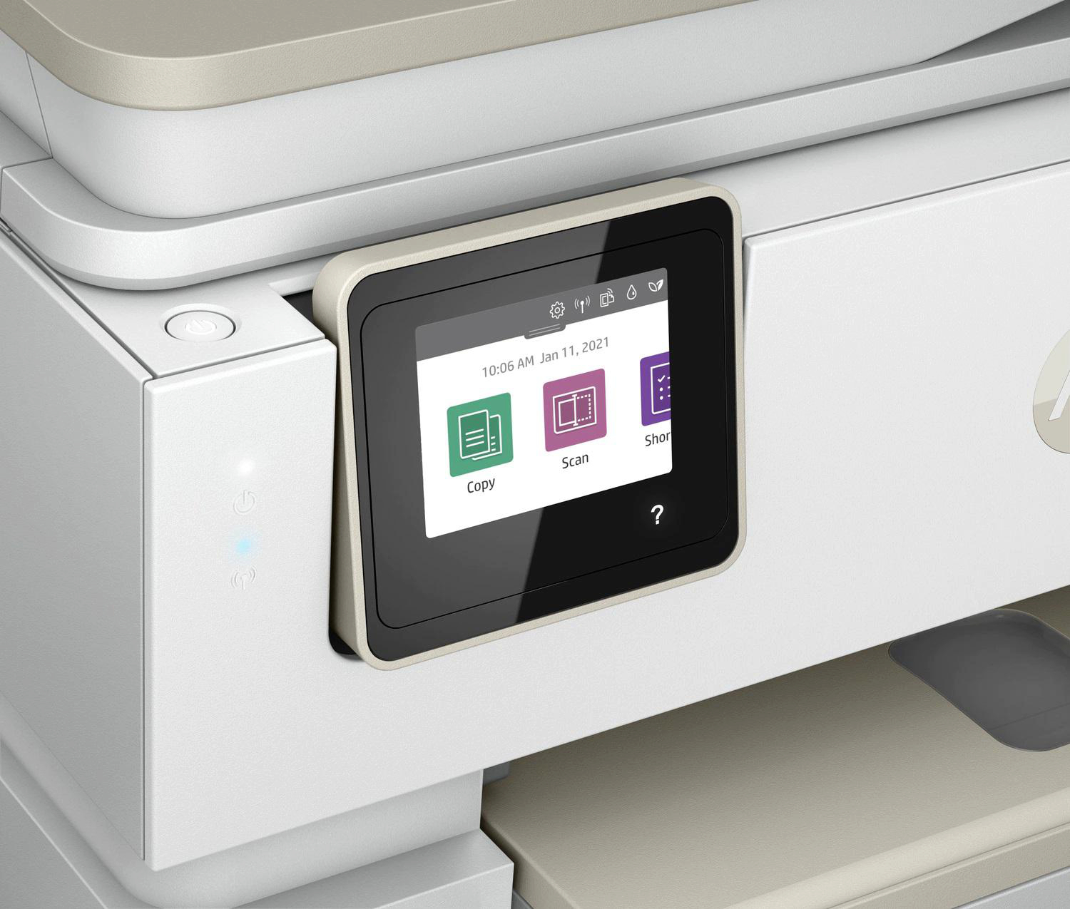 Der Druckerbildschirm zeigt Kopie, Scan und Verknüpfungen. Es befindet sich auf einem weißen und beigefarbenen Drucker.
