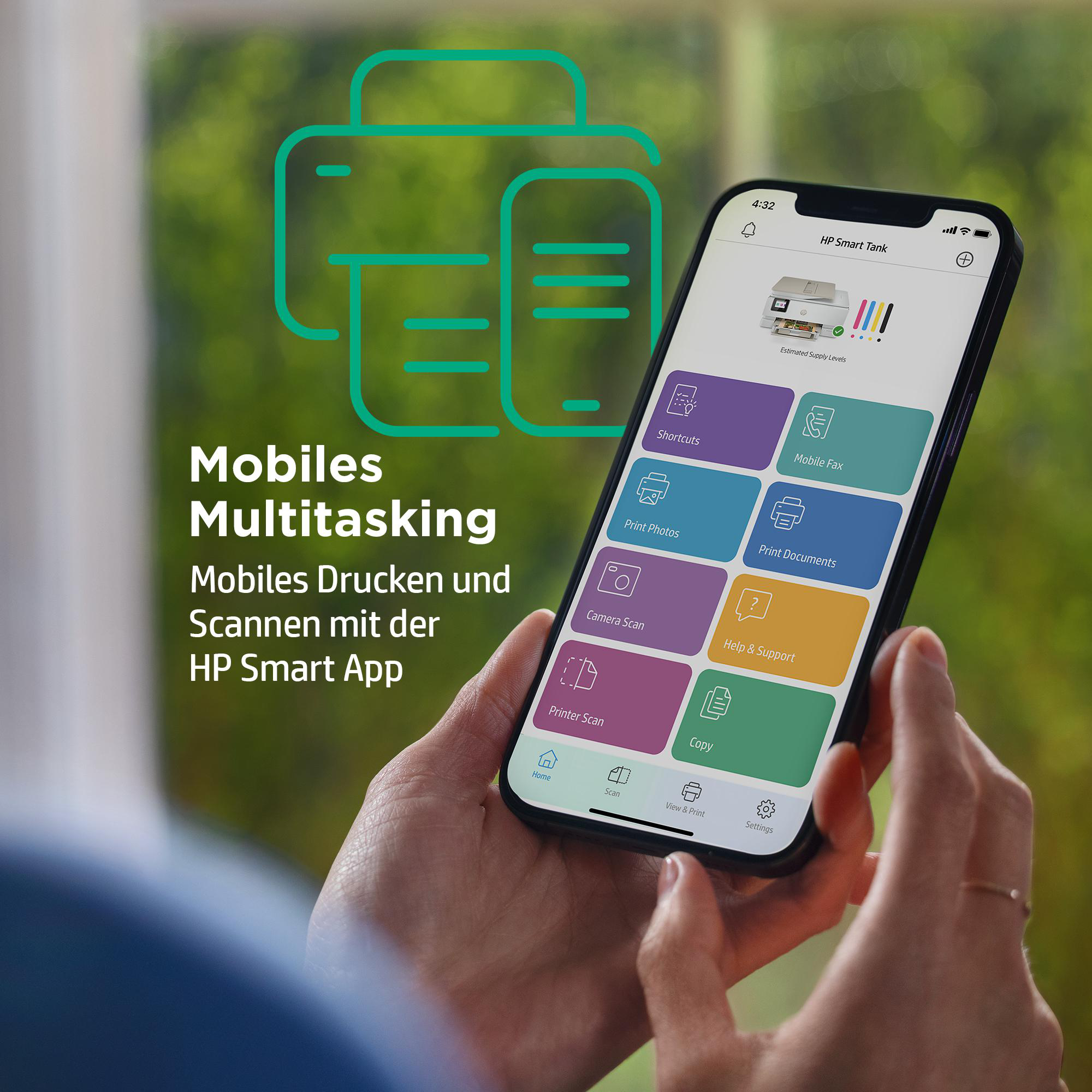 Ein Smartphone, das die HP Smart App-Oberfläche mit Druckoptionen anzeigt.
