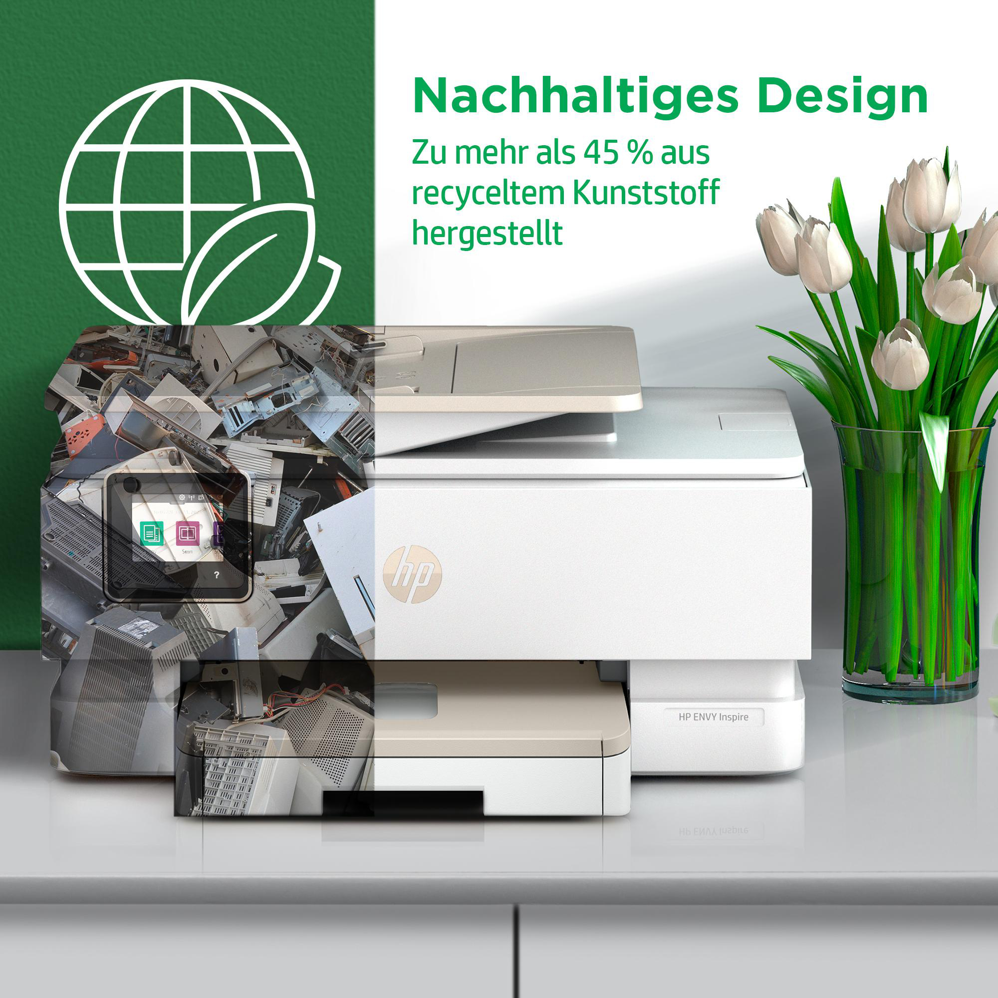 Drucker, Recycling-Symbol und Bilder alter Elektronik. Szene ist drinnen, auf einem Schreibtisch.