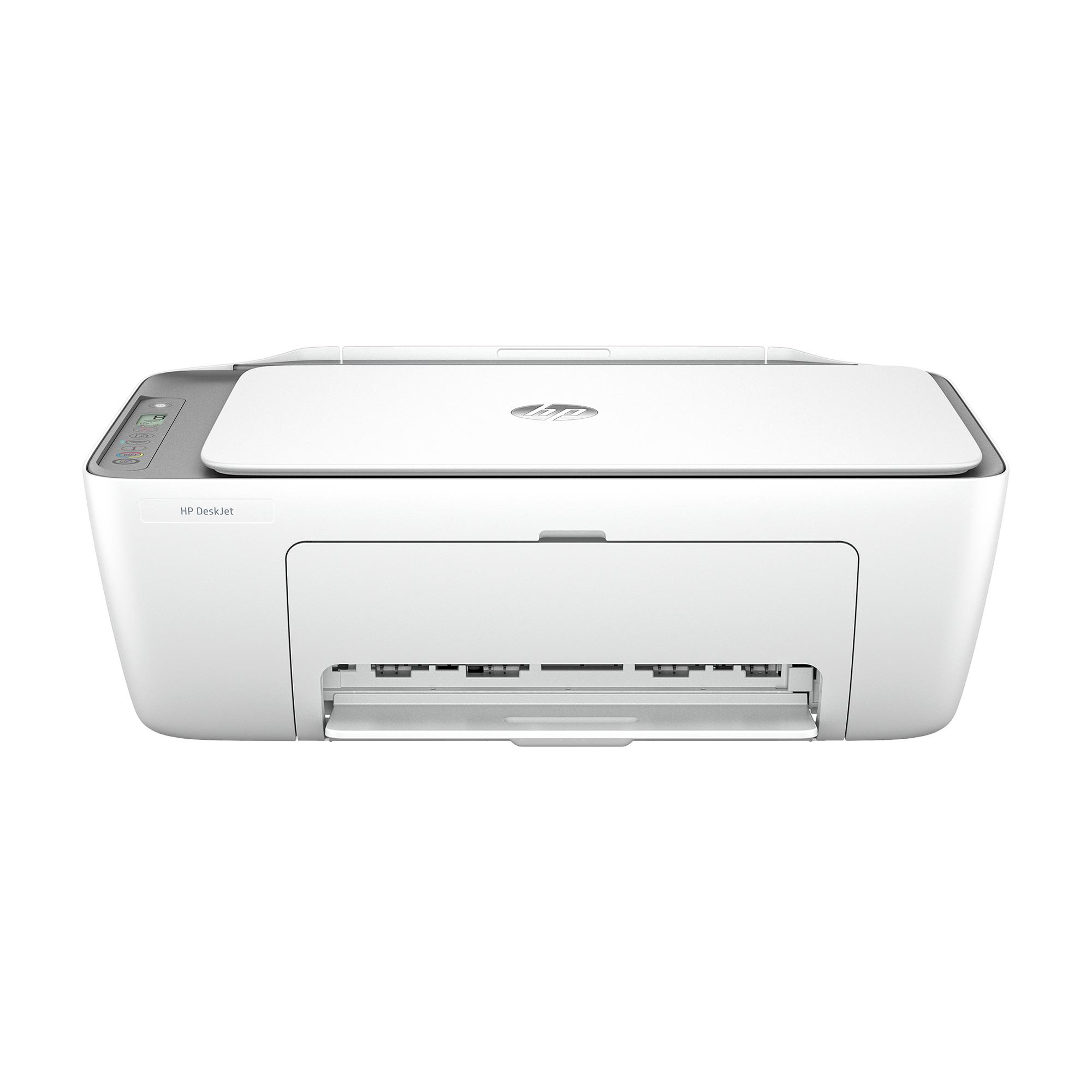 Weißer HP DeskJet Drucker. Vorderansicht. Weißer Hintergrund.