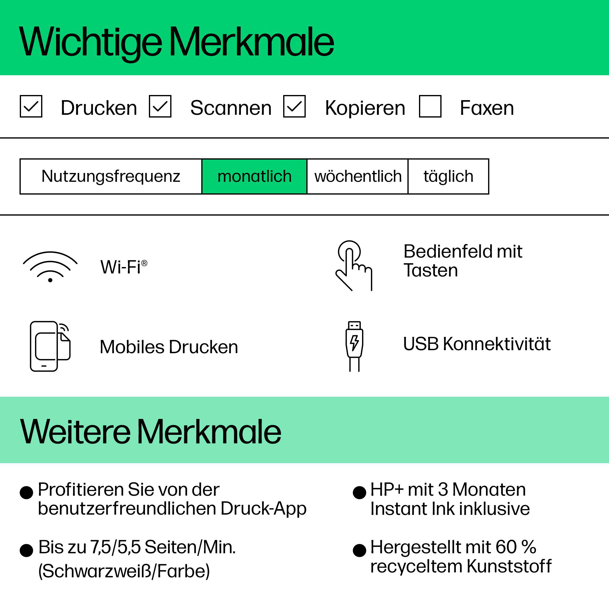 Infografik: Druckerfunktionen, monatliche Nutzungsfrequenz und Konnektivitätsoptionen. Weißer Hintergrund.