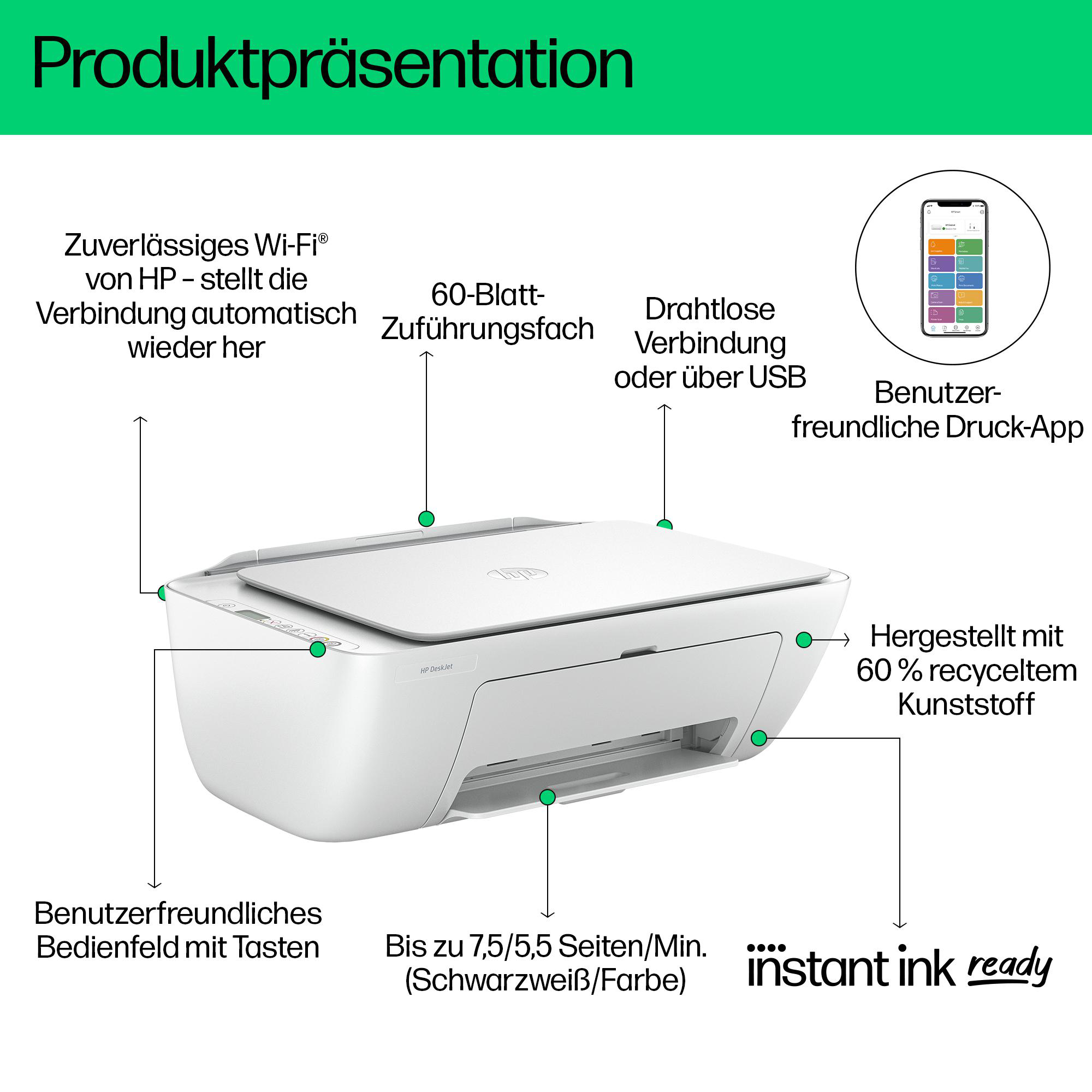 Weißer Drucker mit Beschriftungen, Pfeilen und Text, der Funktionen beschreibt. Enthält eine benutzerfreundliche App.