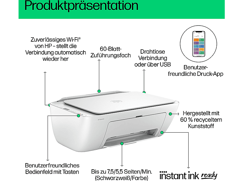 HP Deskjet 2820e All-in-One Multifunktionsdrucker Tintenstrahl Farbe A4 Drucker, Scanner, Kopierer