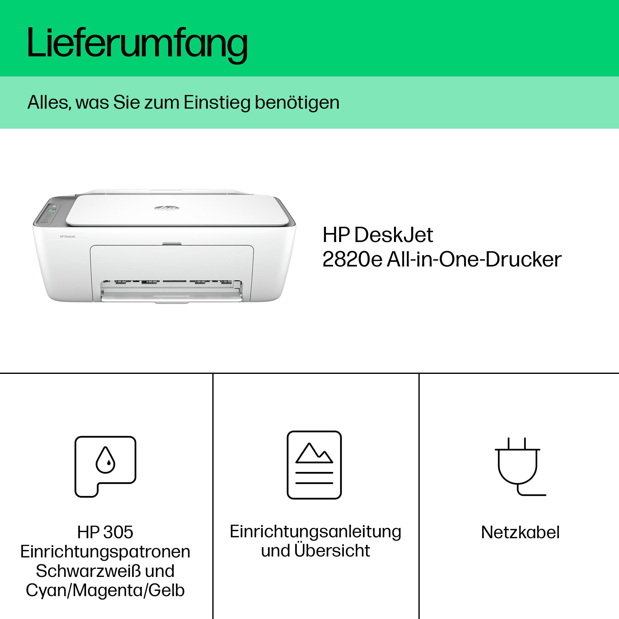 Ein weißer Drucker mit dem HP DeskJet 2820e All-in-One-Drucker und Zubehör.