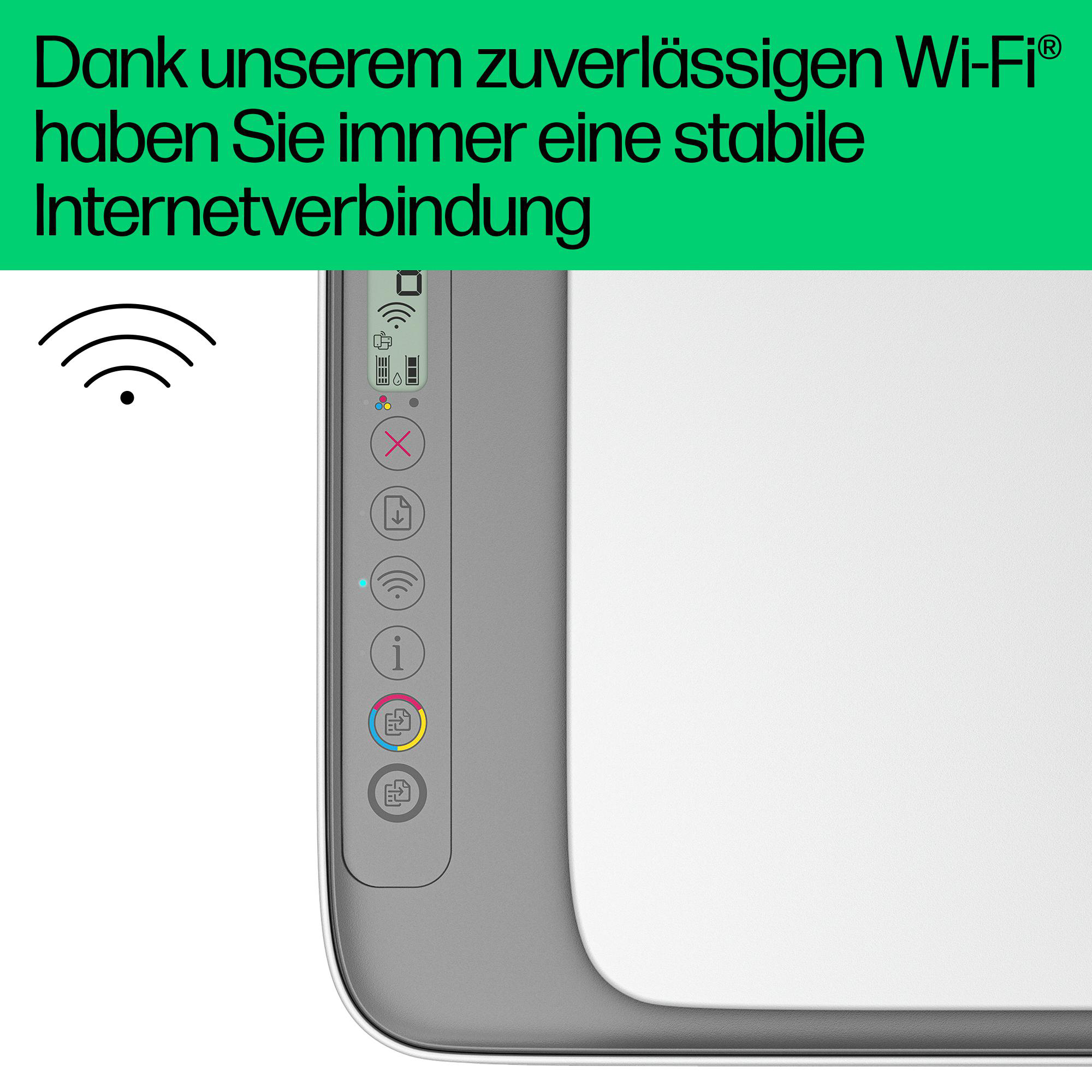 Nahaufnahme eines weißen Druckers mit Knöpfen und WLAN-Symbol. Text: 'stabile Internetverbindung'.