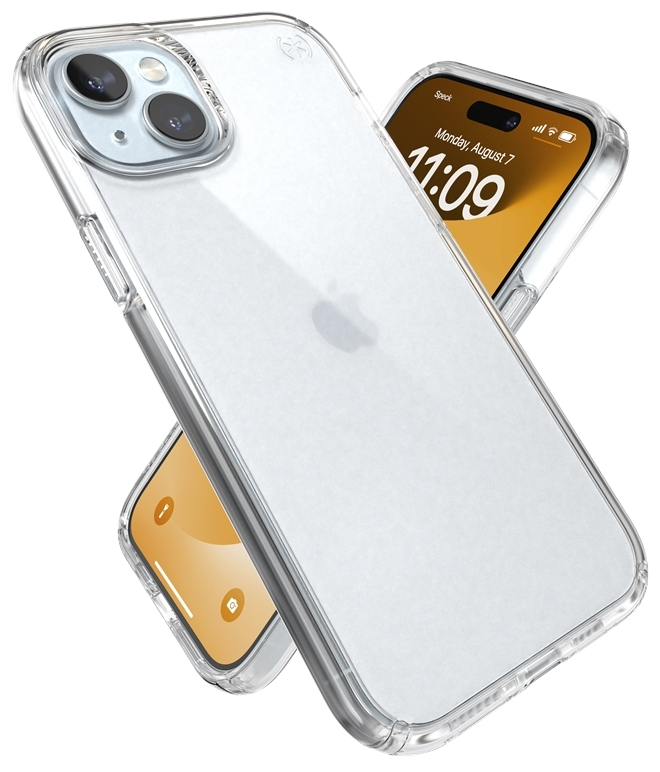 Átlátszó telefontok iPhone-nal. A telefonon a dátum és az idő látható.