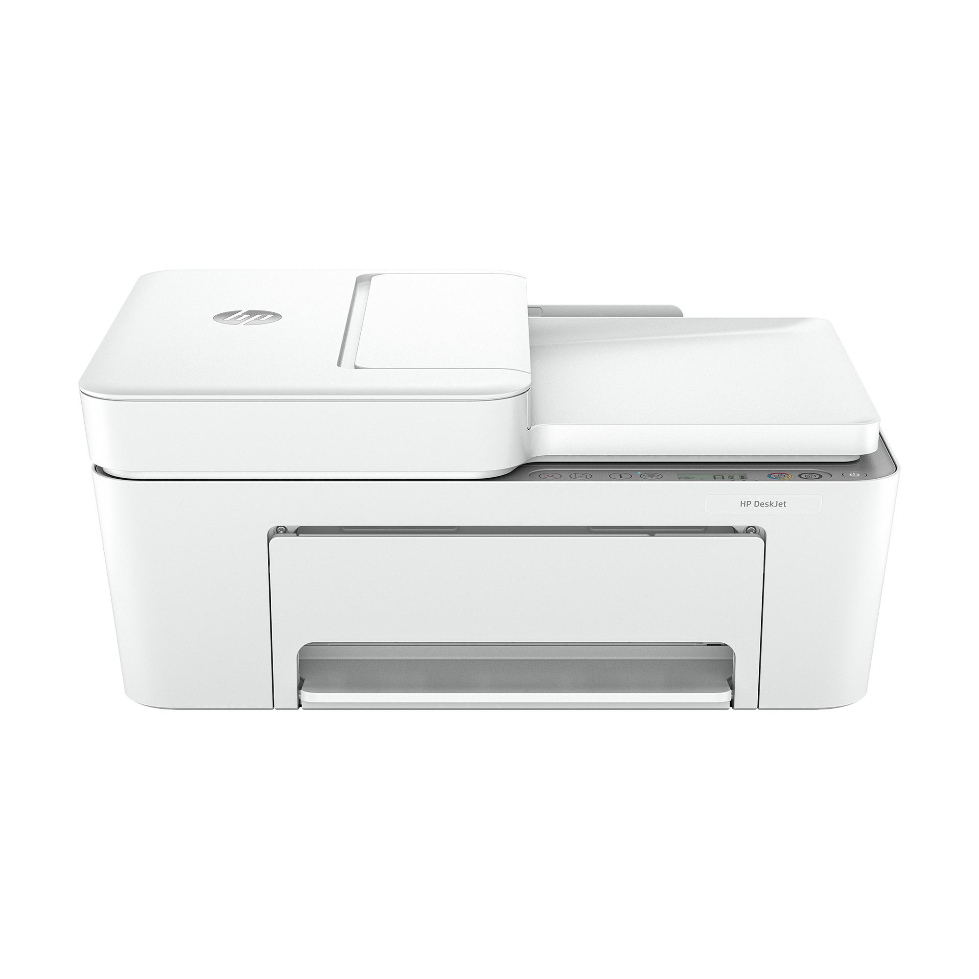 Weißer HP DeskJet Drucker auf weißem Hintergrund, schräge Ansicht.