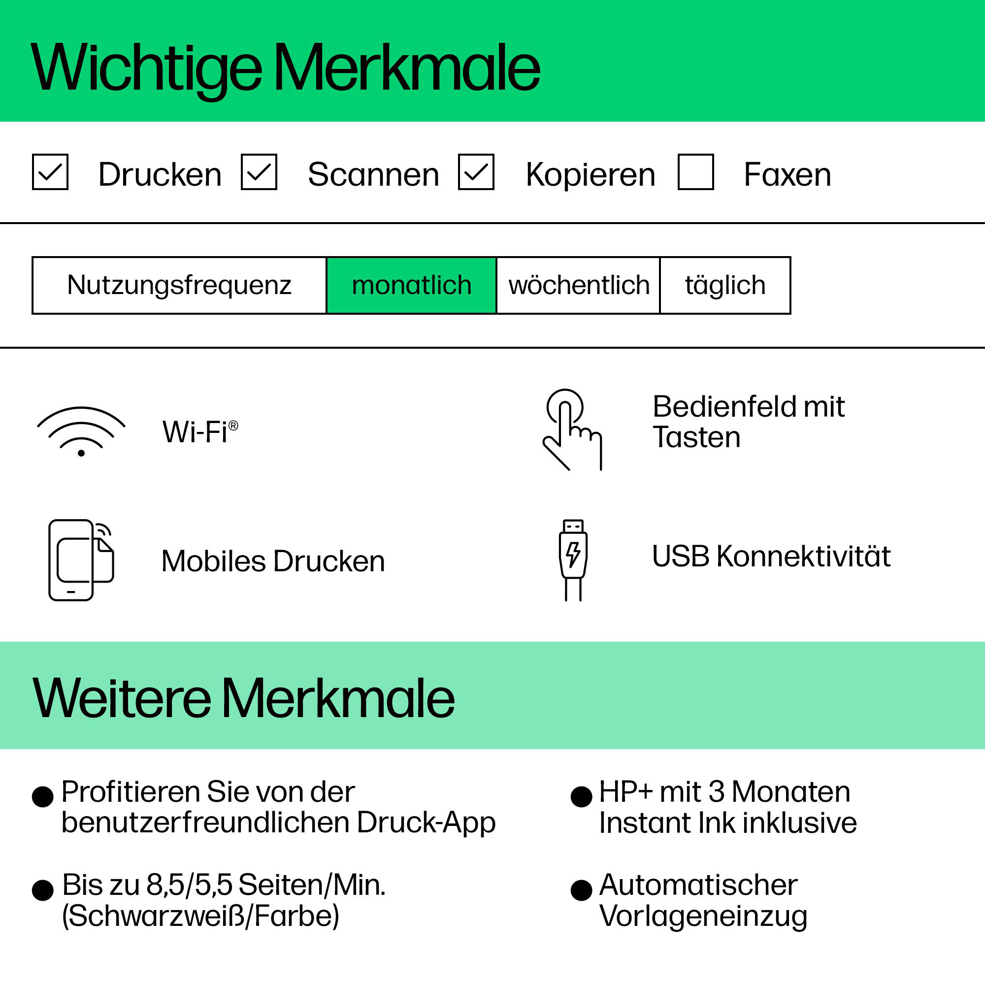 Bild zeigt Druckerfunktionen. Häkchen sind bei Drucken, Scannen und Kopieren. Monatliche Frequenz ist hervorgehoben.