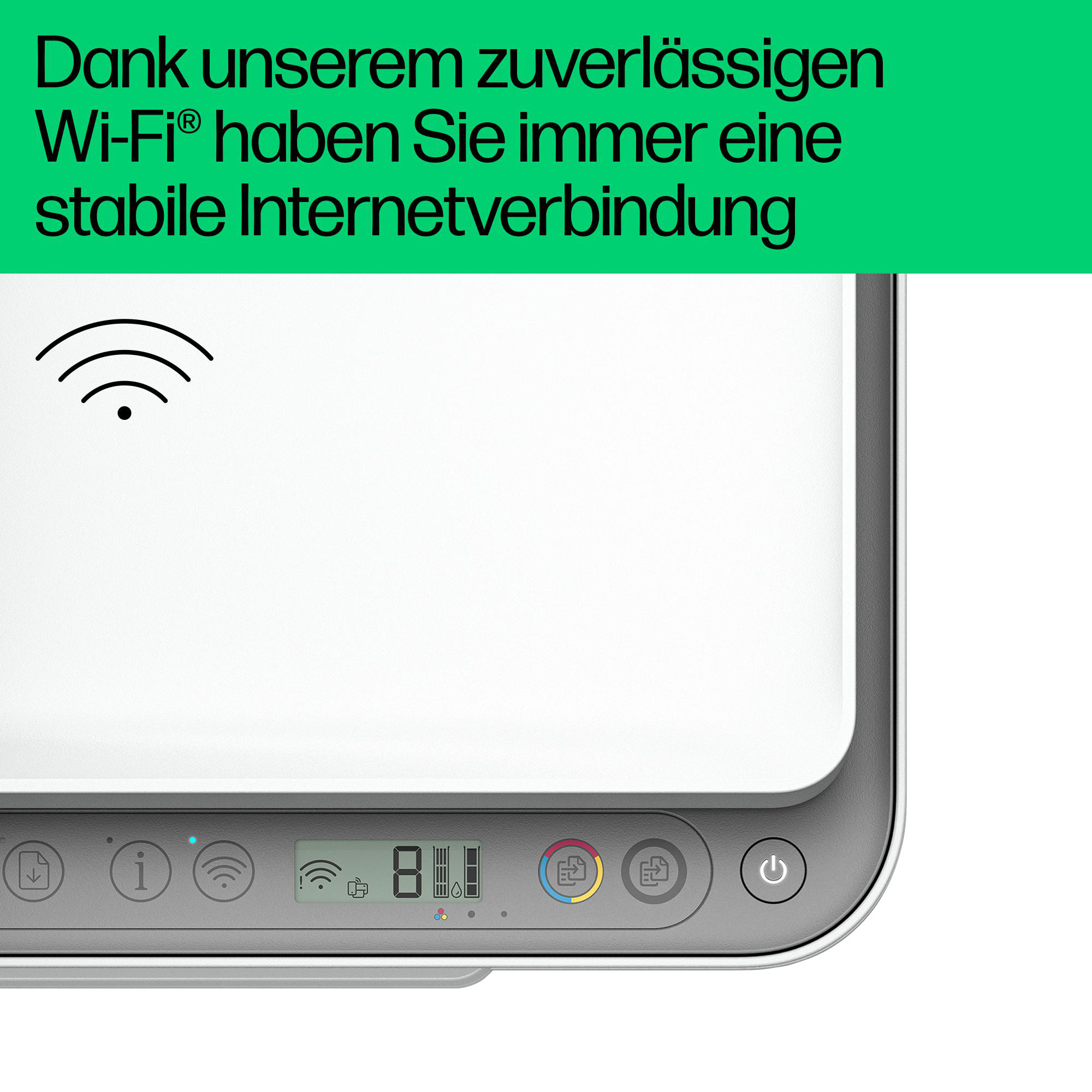 Weißer Drucker mit Wi-Fi-Symbol oben. Text: 'Dank unserem zuverlässigen Wi-Fi'.