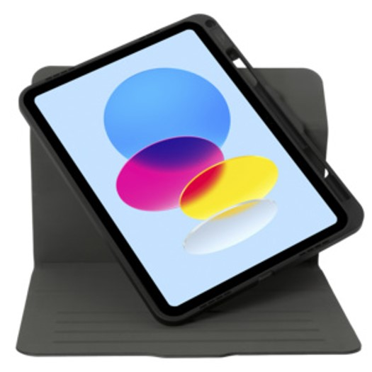 Koyu gri bir kılıf içinde, yukarı doğru açılı bir tablet. Ekran, simgelerle birlikte açık mavi bir arka plan gösterir.