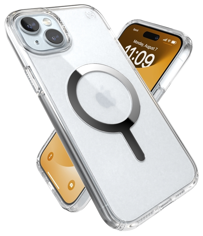 Átlátszó telefontok és telefon fehér háttéren. A tok MagSafe-et tartalmaz. A telefon látható.