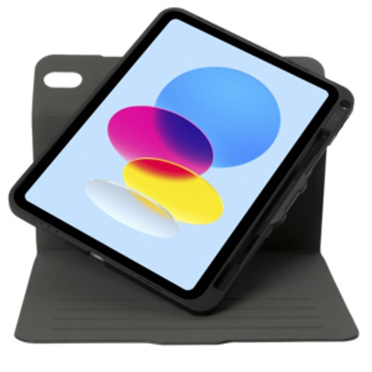 Kılıflı tablet, beyaz arka plan üzerinde açılı. Tablet ekranı renkli şekiller gösteriyor.
