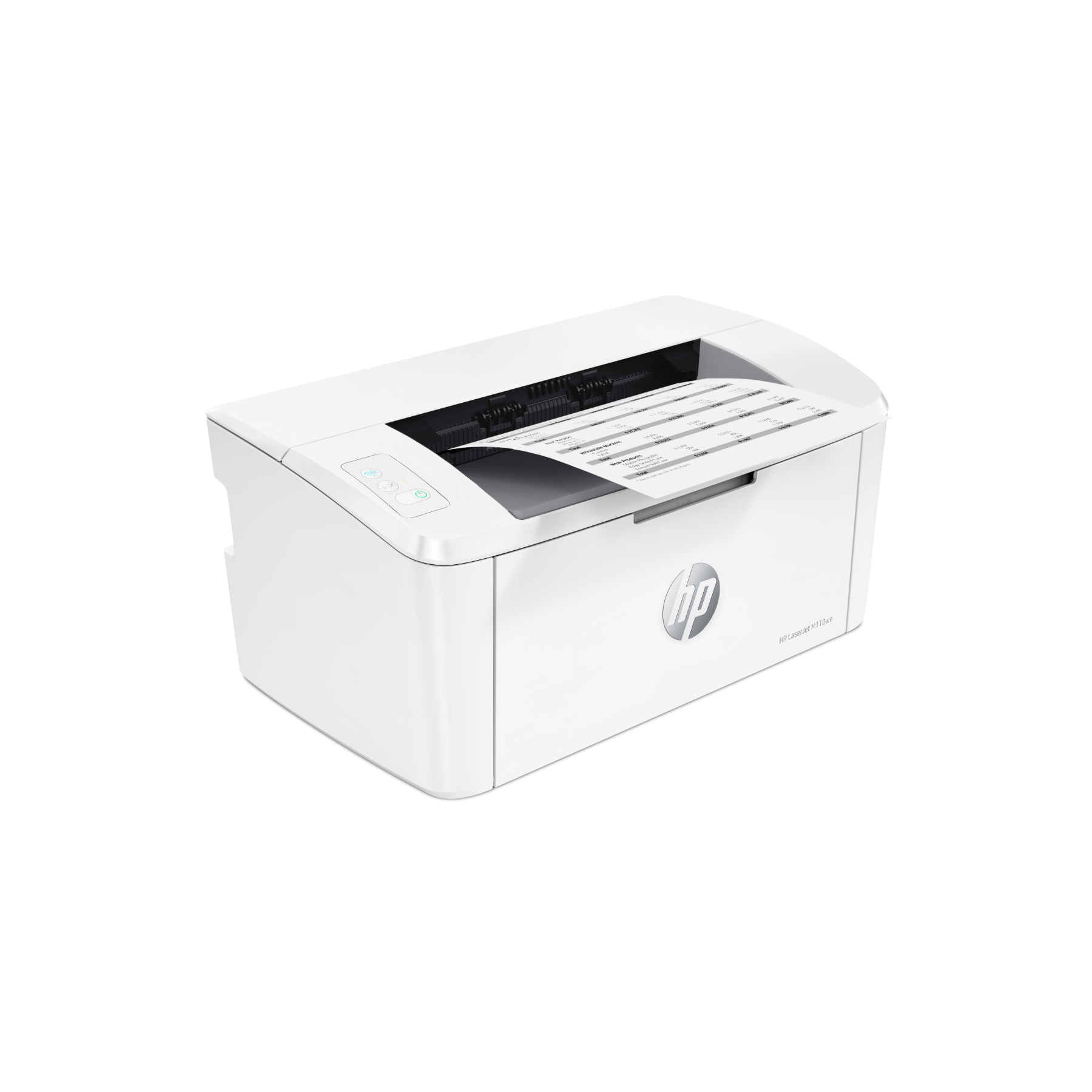 Een witte printer met een vel papier dat eruit komt, schuine weergave.