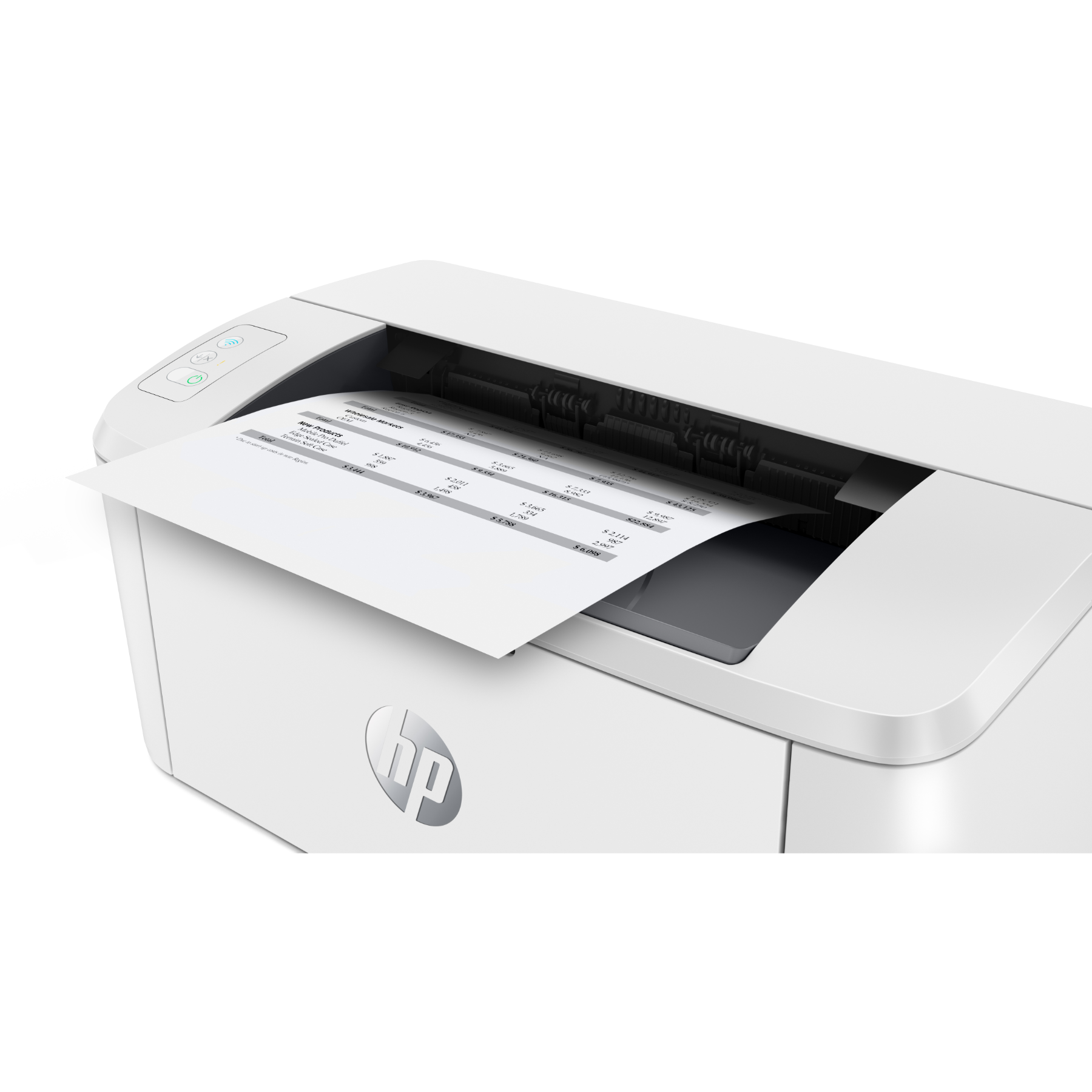 Een witte HP-printer met een vel papier dat eruit komt. Het HP-logo is zichtbaar.