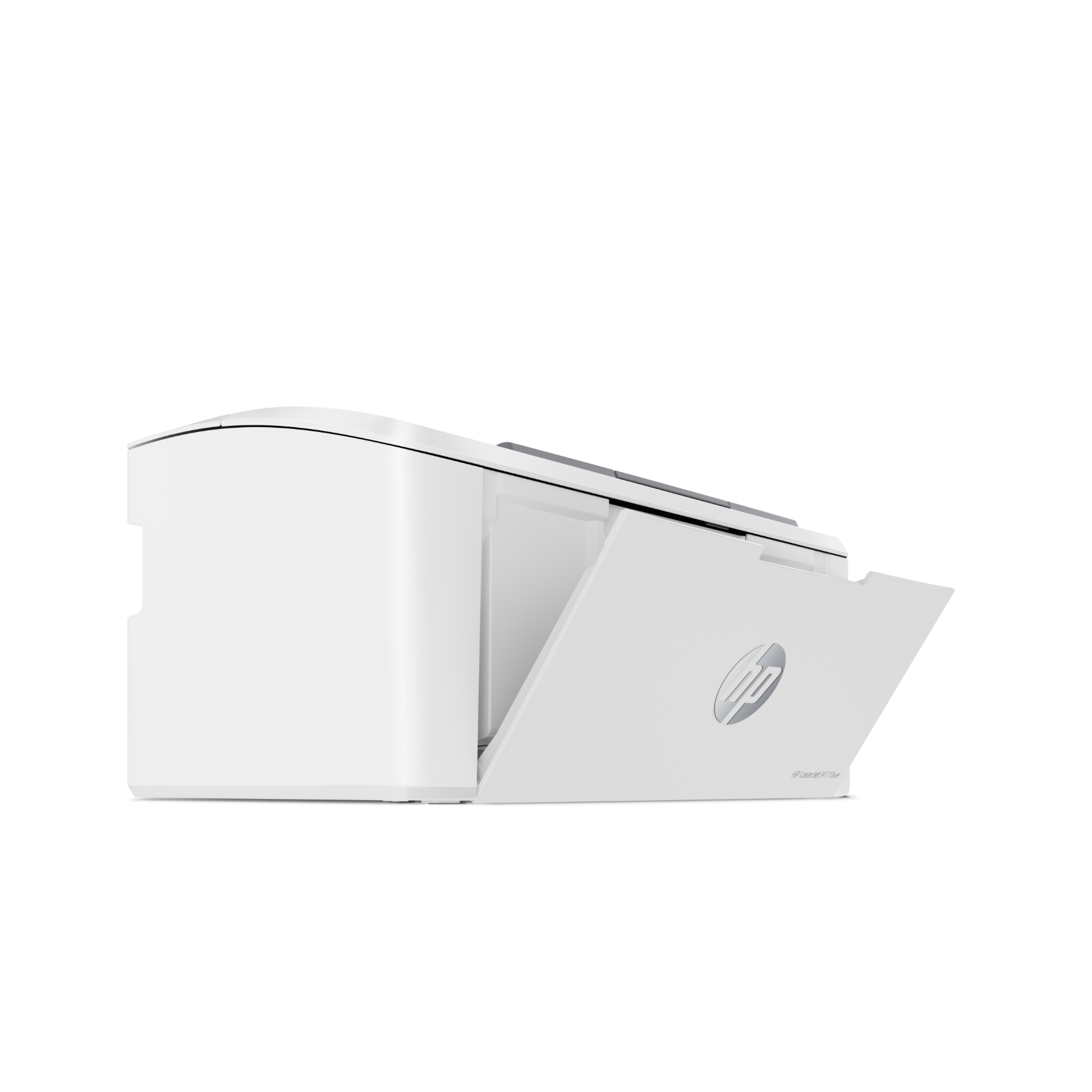 Een witte HP-printer met een open papieruitvoertray. Zwarte achtergrond.