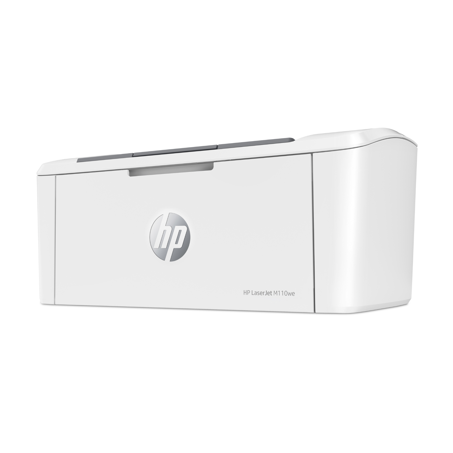 Een witte HP LaserJet M110we printer op een witte achtergrond.