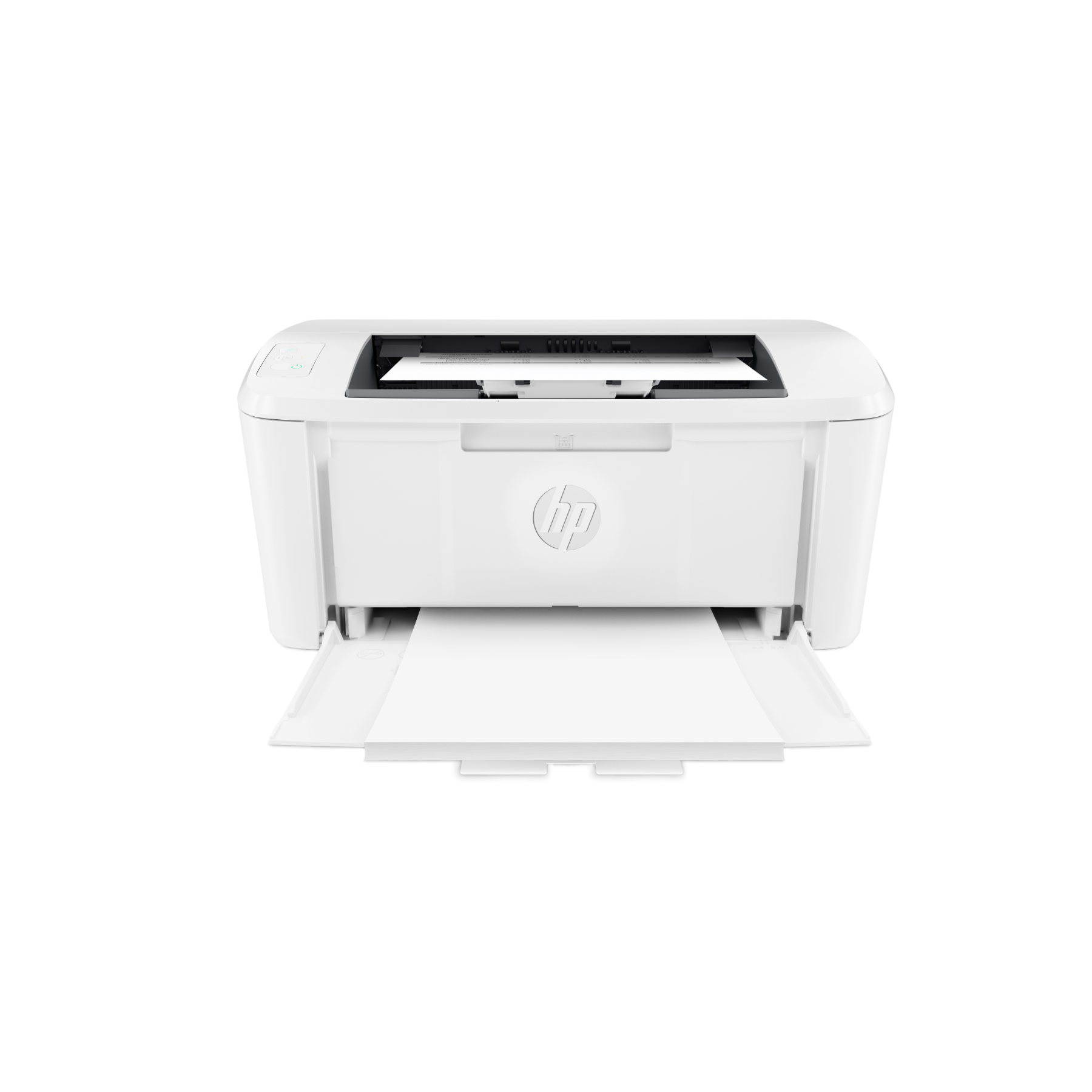 Witte HP-printer met open papierlades, klaar om af te drukken.