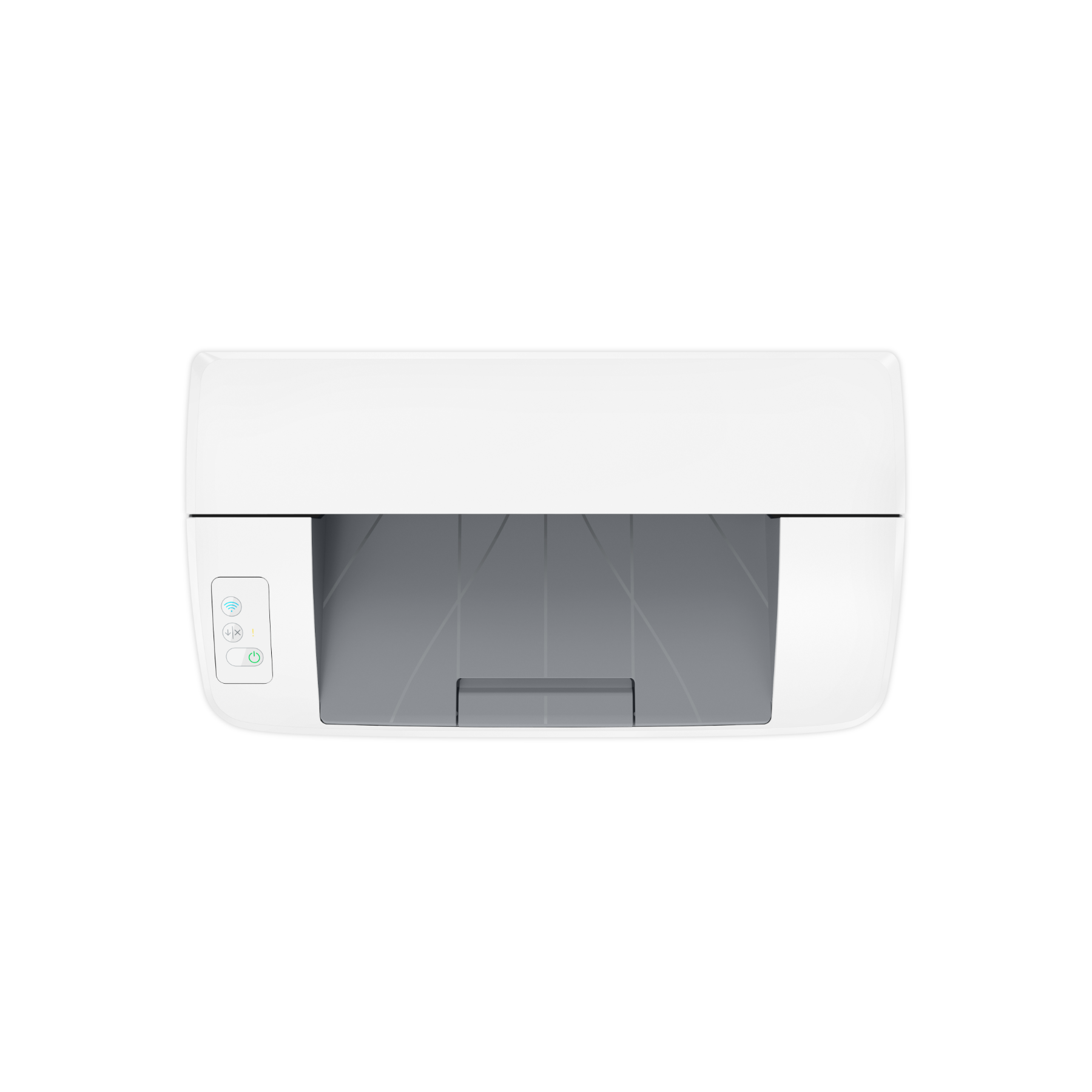 Bovenaanzicht van een witte printer, met de papierlade en het bedieningspaneel.