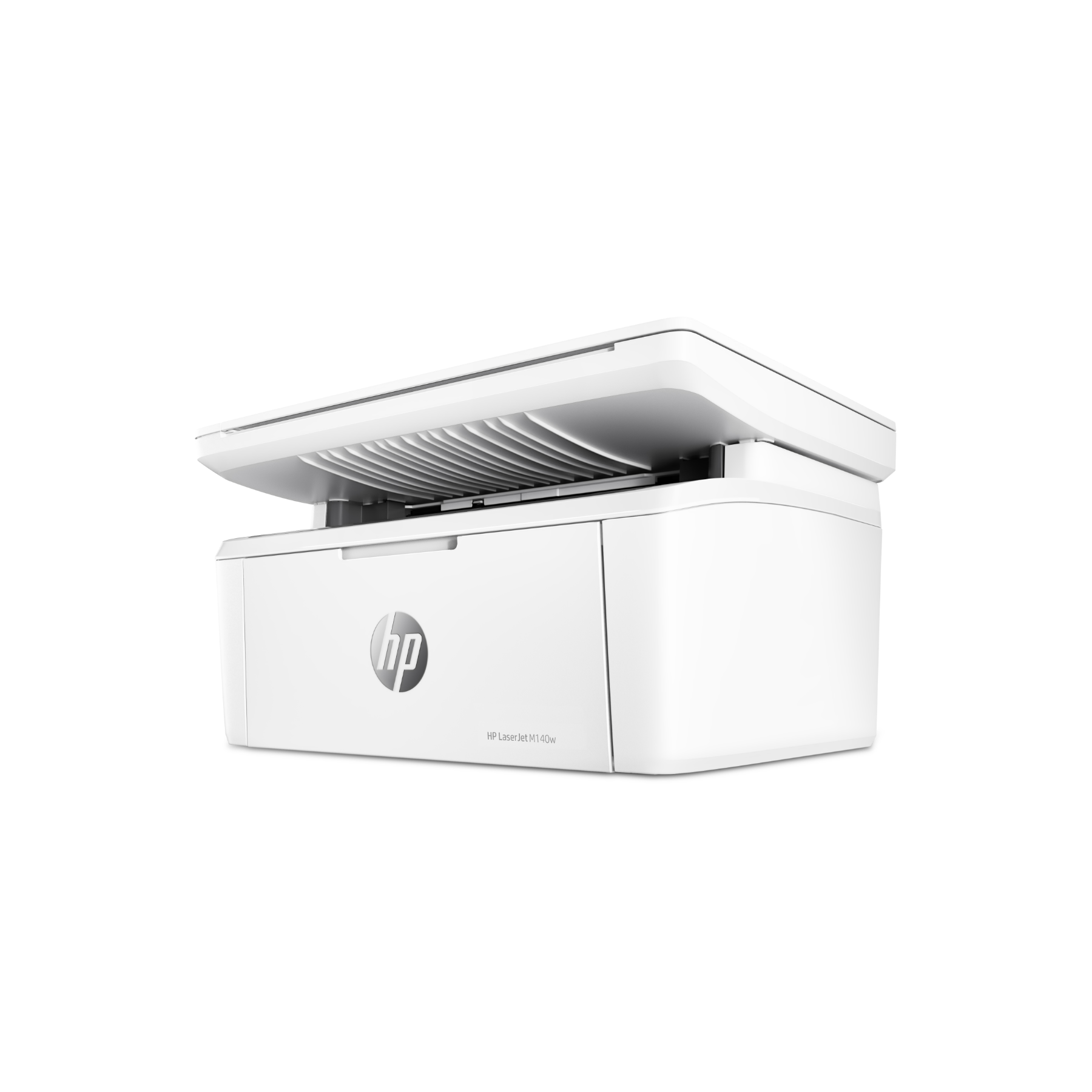 A white HP Laserjet printer with the top open, isolated on a white background.