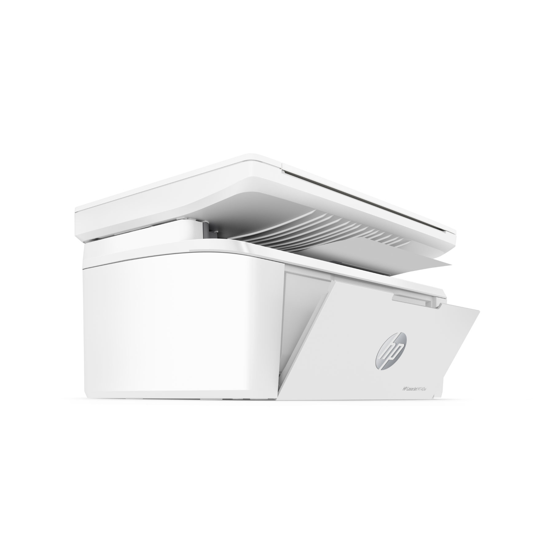 HP printer, white, open tray. The internal parts are visible. White background.