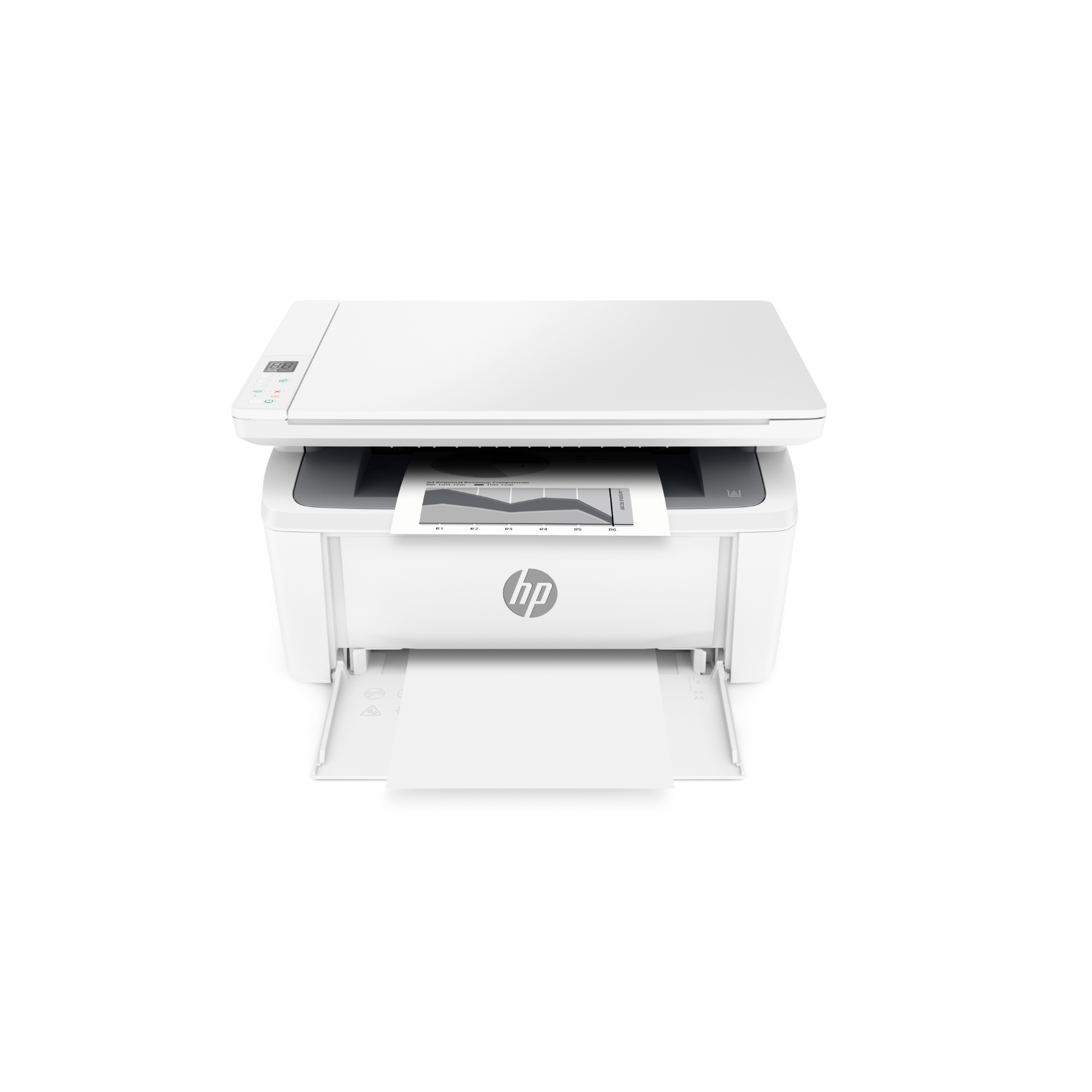 A white printer with paper tray extended, showing printed documents.
