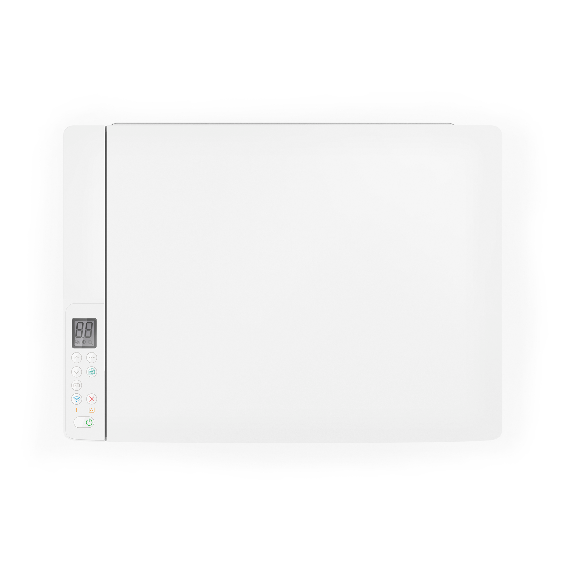A white printer with a digital display on the left side, on a white background.