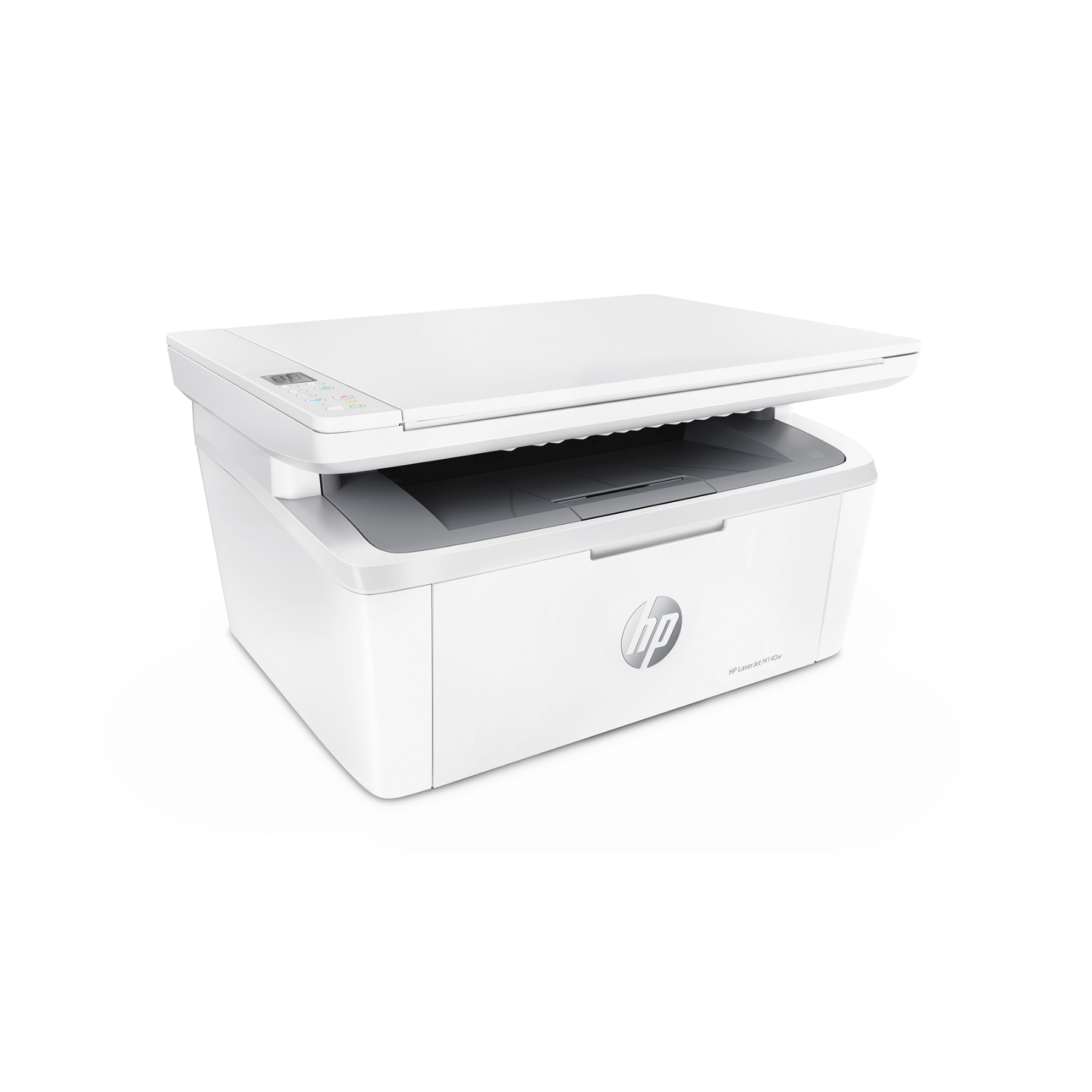 White HP printer on a white background. The top lid is open.
