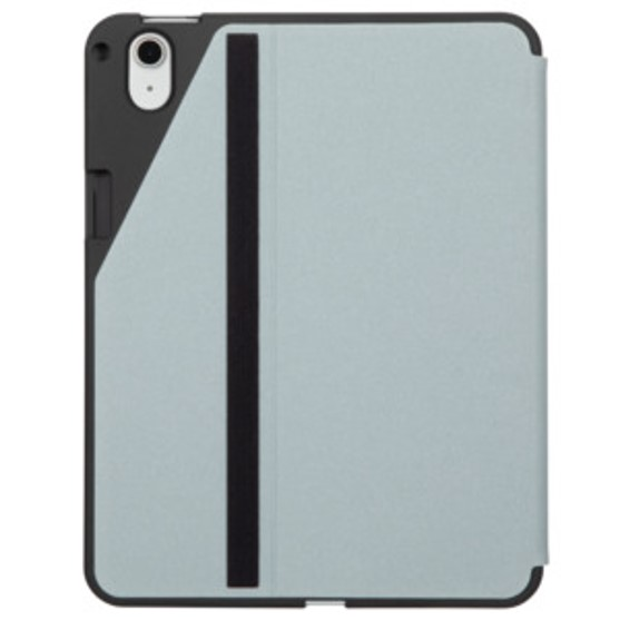 Gri ve siyah iPad kılıfı, siyah kayışlı. Açık gri kapak ve siyah çerçeve.