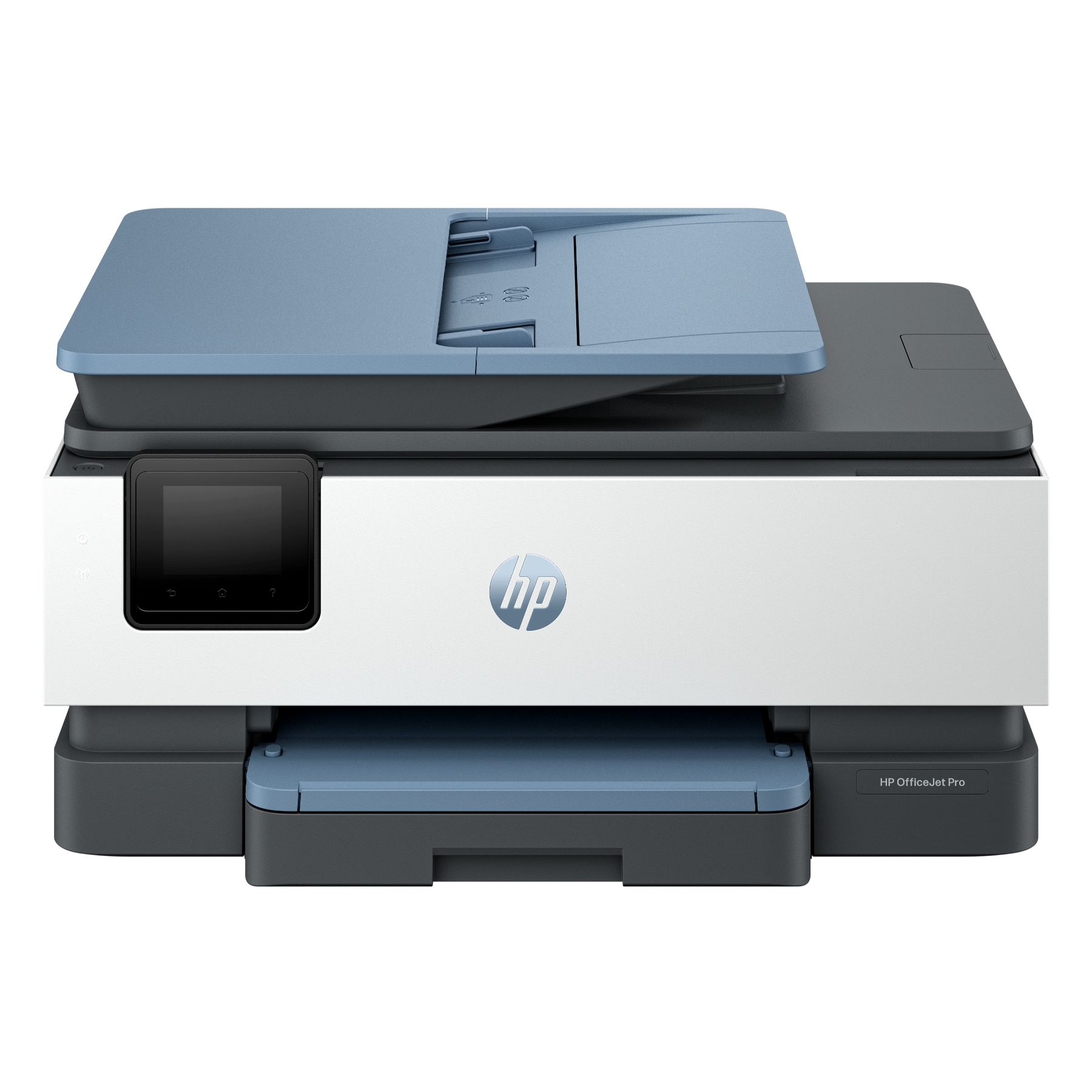 An HP OfficeJet Pro printer. Blue and white colors. Black background.