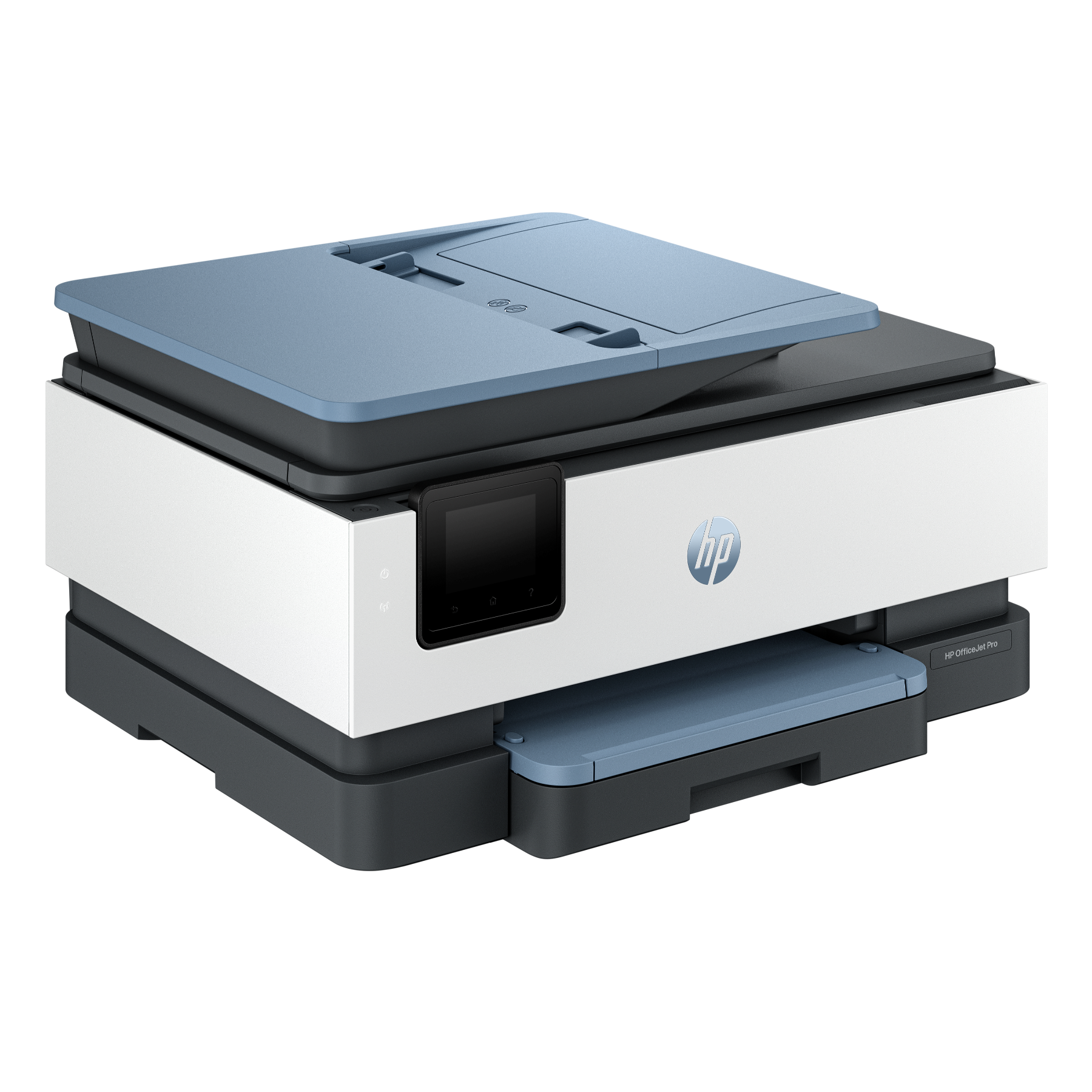 An HP printer with a white body and blue accents. It is on a black surface.