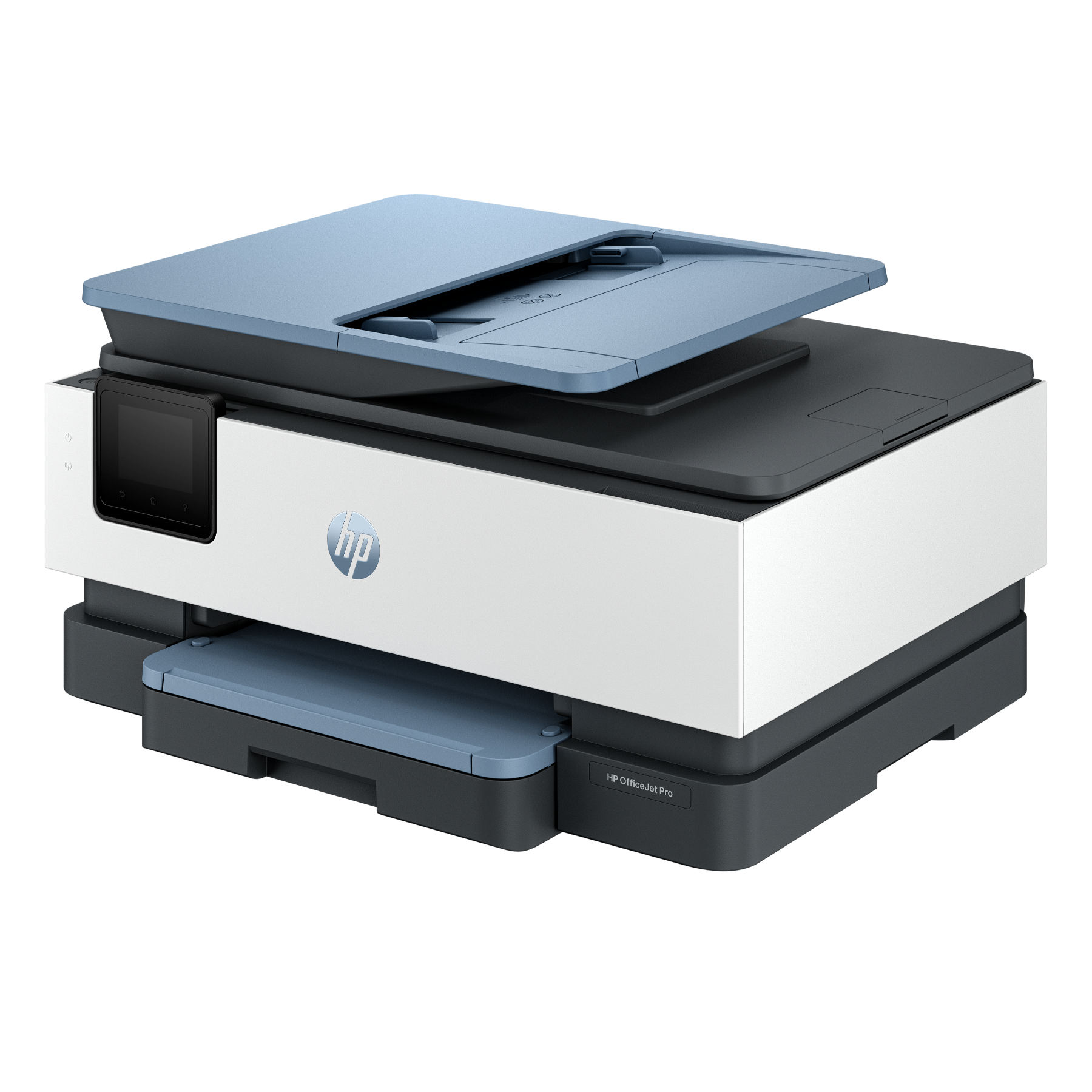 White and gray HP OfficeJet Pro printer on a black background.